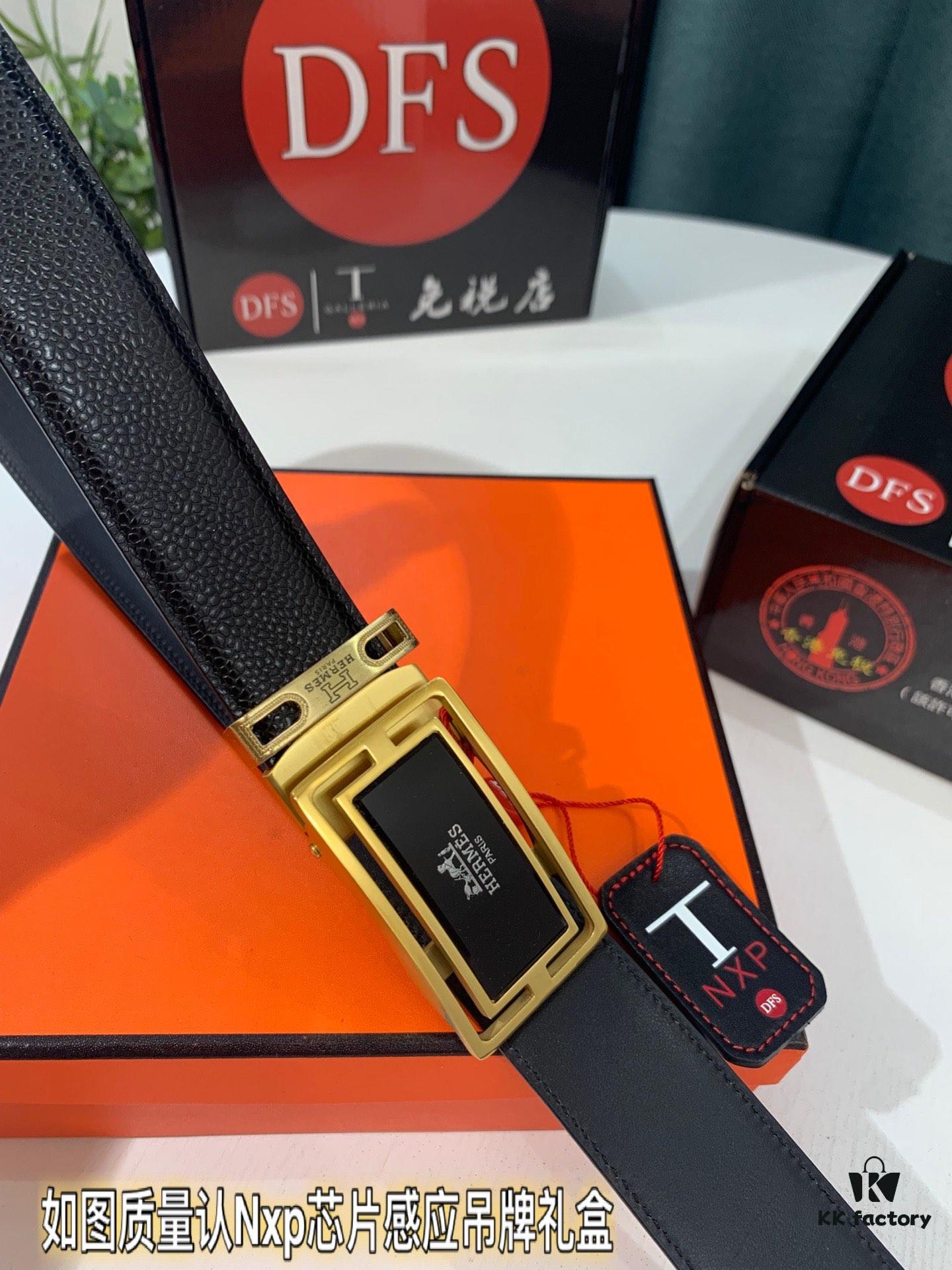 Hermes H Automatic Buckle Belt, Newest Basketball Texture Custom Top Layer Cowhide, 3.5cm Width, Premium Quality Business Formal Belt with Soft Slide Mechanism