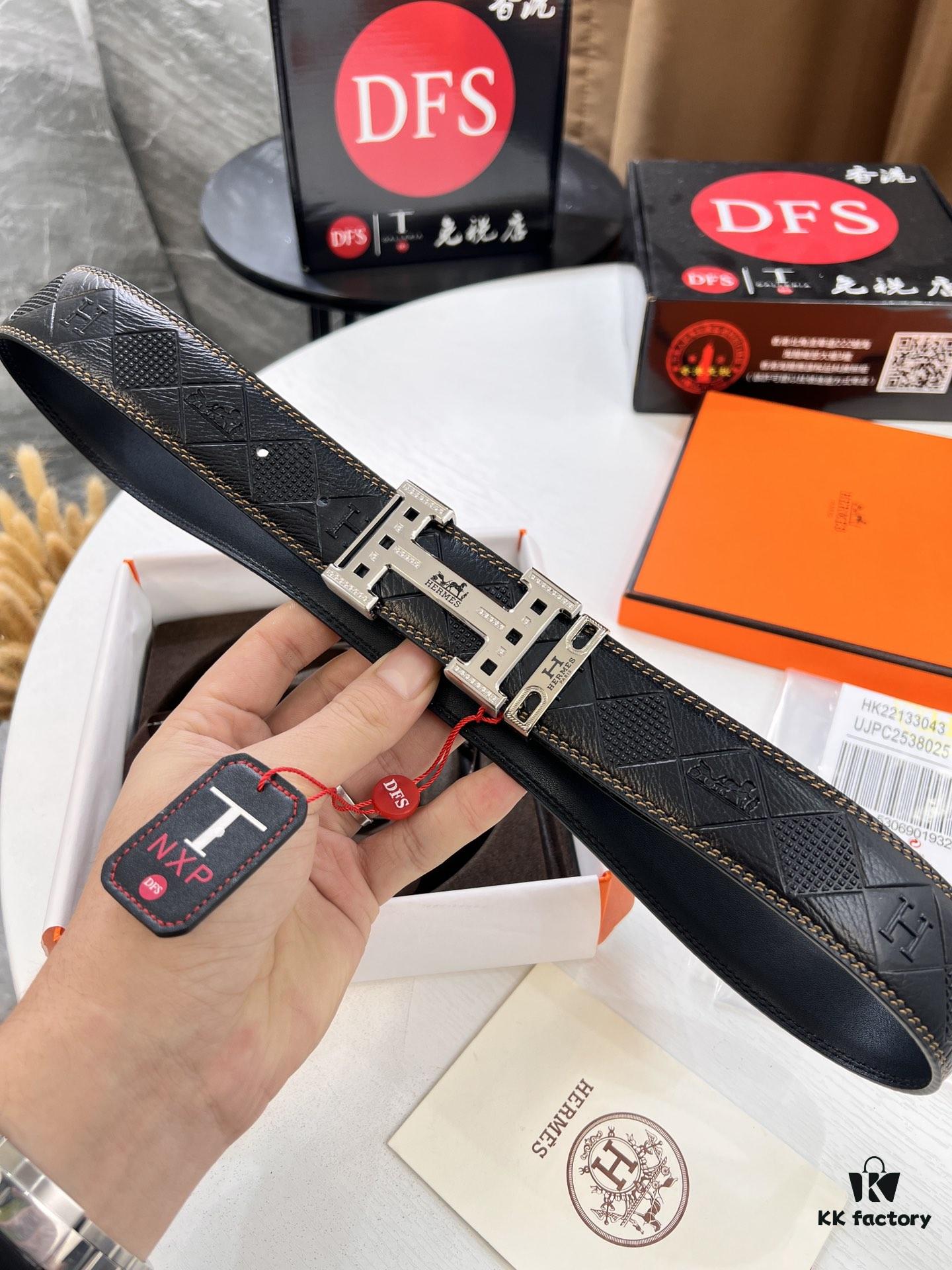 Hermès Men's Belt, Top Grain Calfskin Leather, 3.8cm Width, Original Imported Embossed Horse Carriage Design, Stainless Steel Hardware, Box with NXP Chip Anti-Counterfeit Verification