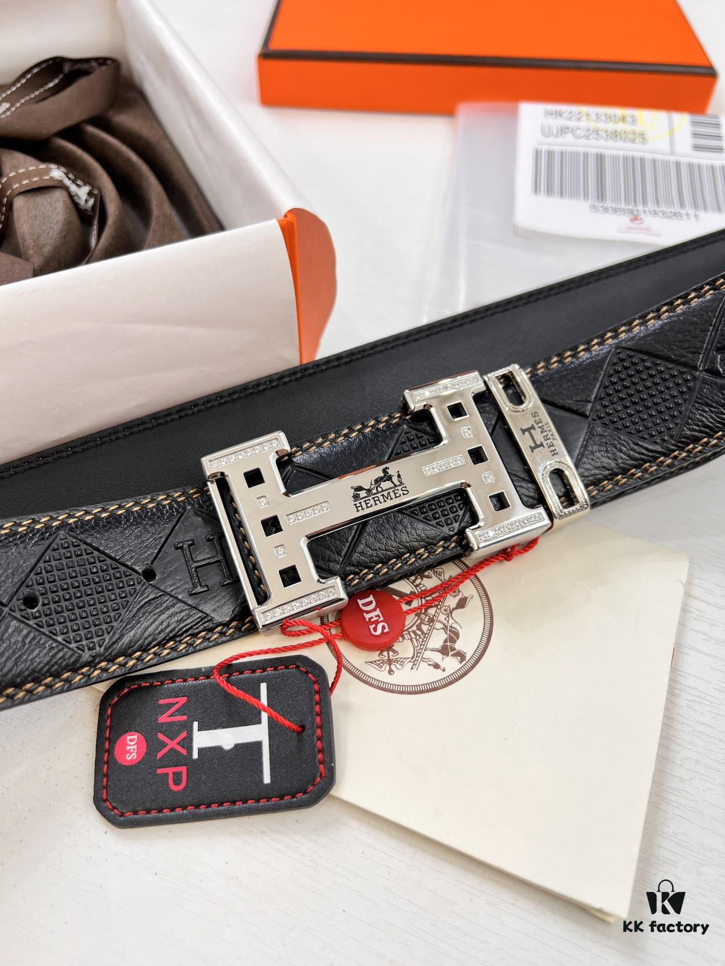 Hermès Men's Belt, Top Grain Calfskin Leather, 3.8cm Width, Original Imported Embossed Horse Carriage Design, Stainless Steel Hardware, Box with NXP Chip Anti-Counterfeit Verification