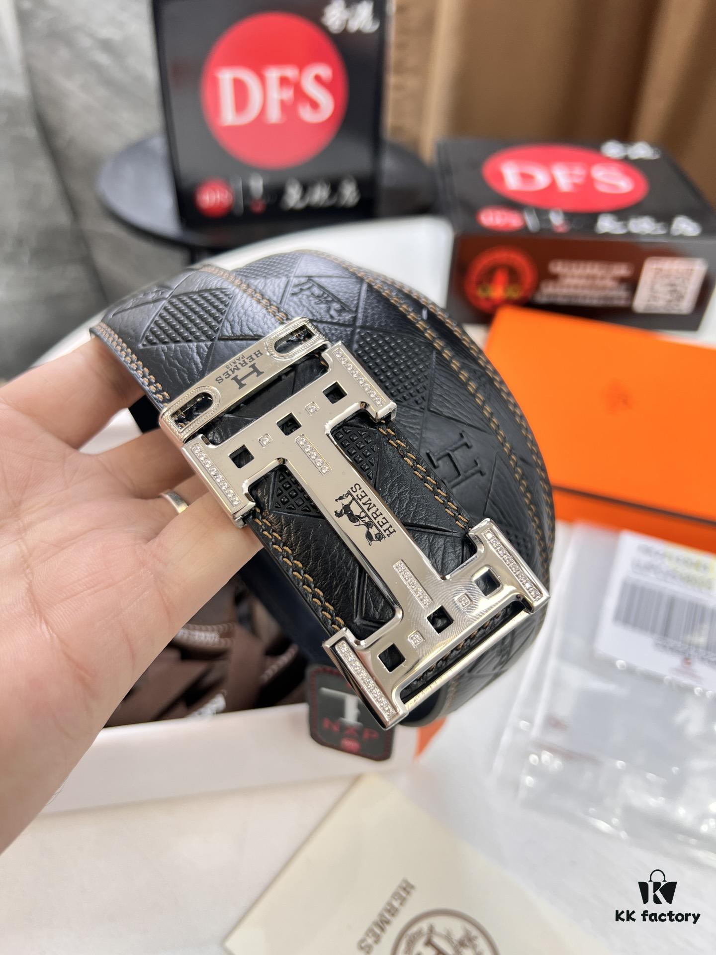 Hermès Men's Belt, Top Grain Calfskin Leather, 3.8cm Width, Original Imported Embossed Horse Carriage Design, Stainless Steel Hardware, Box with NXP Chip Anti-Counterfeit Verification