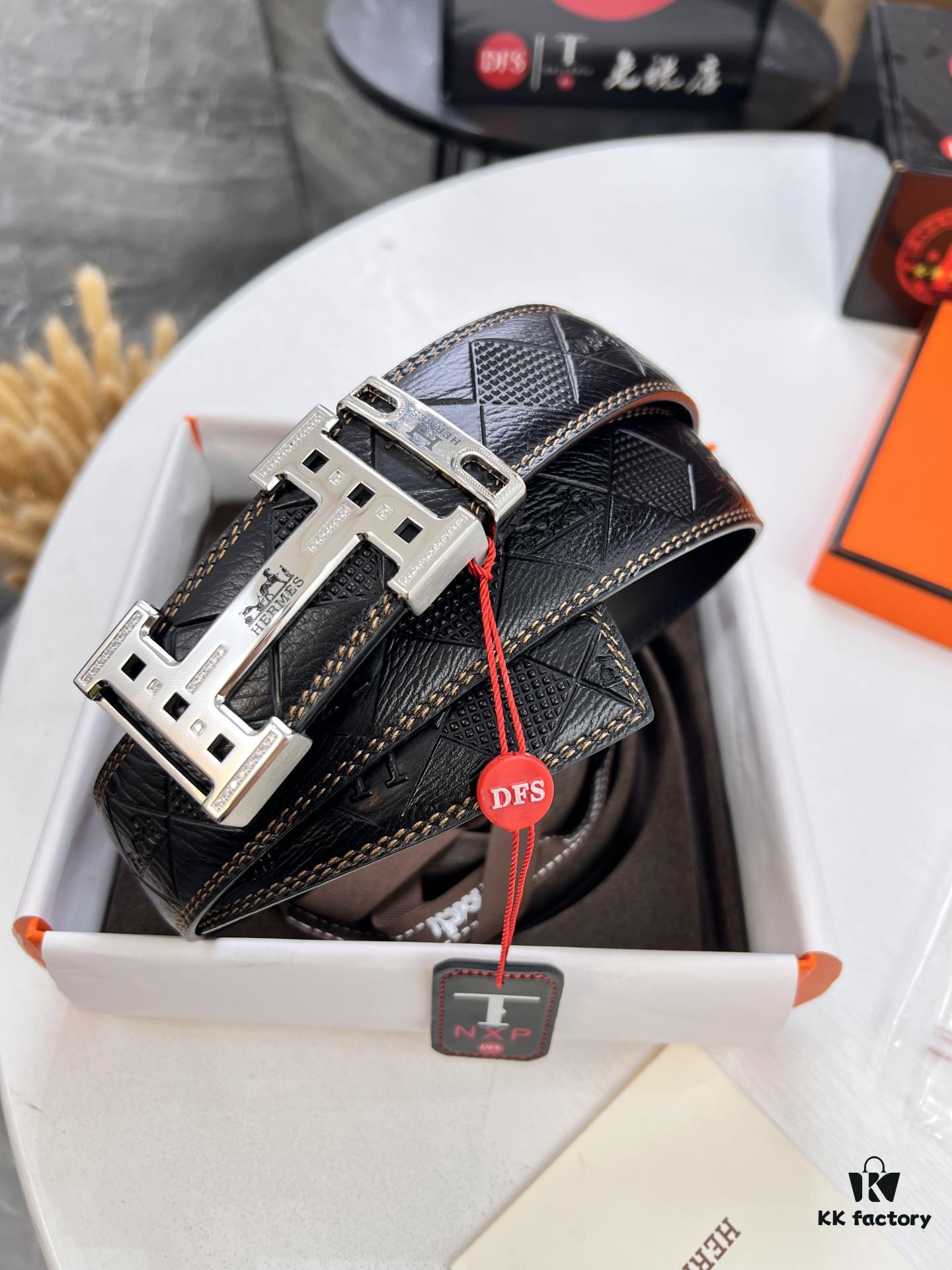 Hermès Men's Belt, Top Grain Calfskin Leather, 3.8cm Width, Original Imported Embossed Horse Carriage Design, Stainless Steel Hardware, Box with NXP Chip Anti-Counterfeit Verification