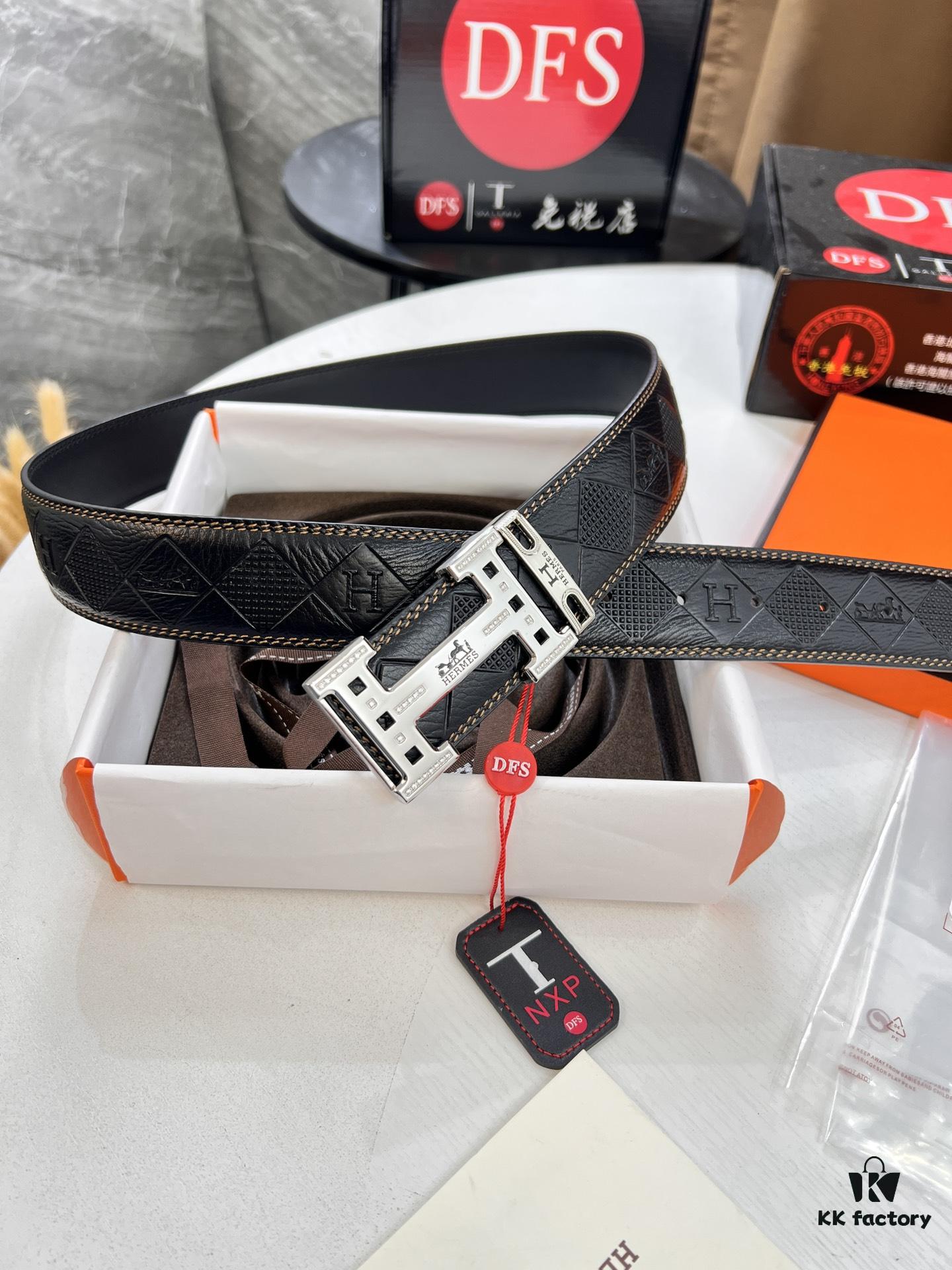 Hermès Men's Belt, Top Grain Calfskin Leather, 3.8cm Width, Original Imported Embossed Horse Carriage Design, Stainless Steel Hardware, Box with NXP Chip Anti-Counterfeit Verification