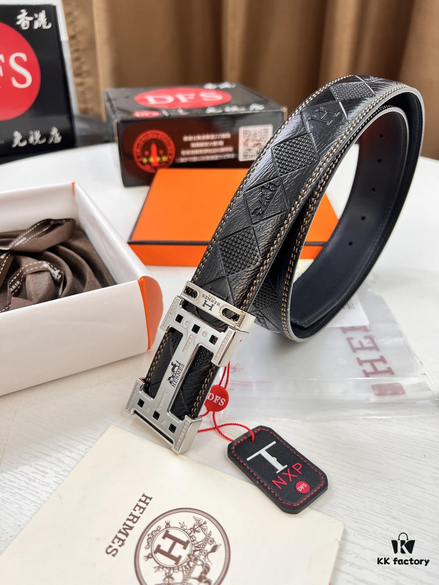 Hermès Men's Belt, Top Grain Calfskin Leather, 3.8cm Width, Original Imported Embossed Horse Carriage Design, Stainless Steel Hardware, Box with NXP Chip Anti-Counterfeit Verification