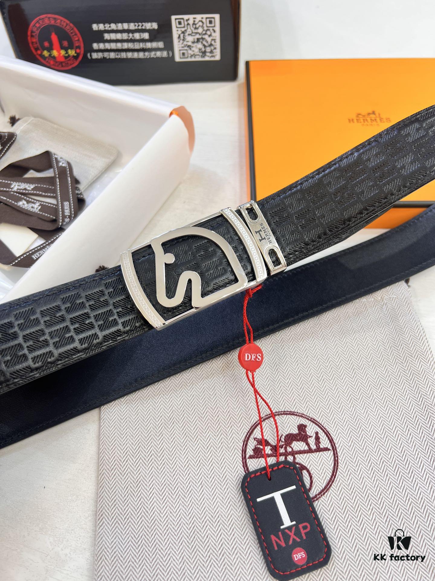 Hermès Men's Belt, Top Grain Calfskin with Engraved H Logo Buckle, 3.8cm Width, Adjustable Length, Original Imported Embossed Horse Head Design, Stainless Steel Hardware