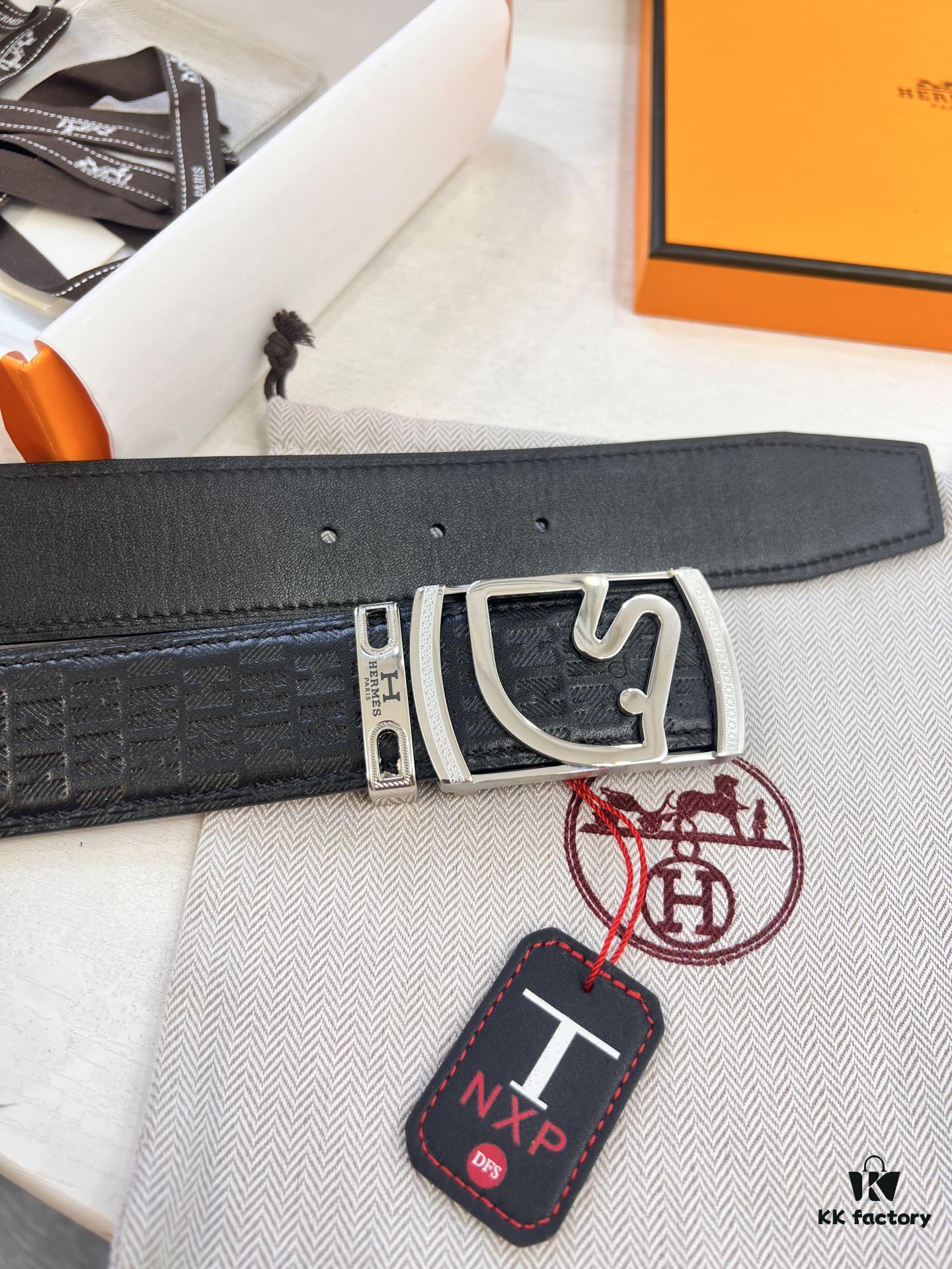 Hermès Men's Belt, Top Grain Calfskin with Engraved H Logo Buckle, 3.8cm Width, Adjustable Length, Original Imported Embossed Horse Head Design, Stainless Steel Hardware