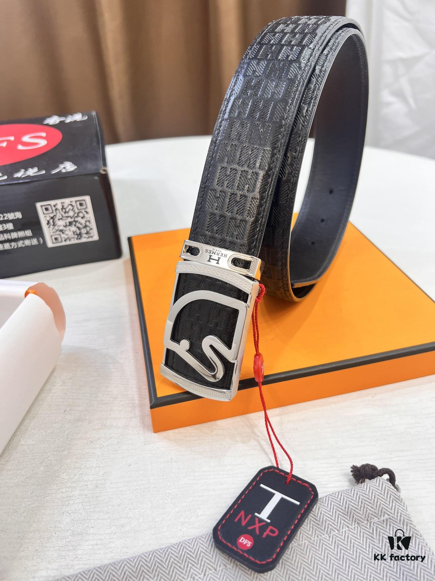 Hermès Men's Belt, Top Grain Calfskin with Engraved H Logo Buckle, 3.8cm Width, Adjustable Length, Original Imported Embossed Horse Head Design, Stainless Steel Hardware