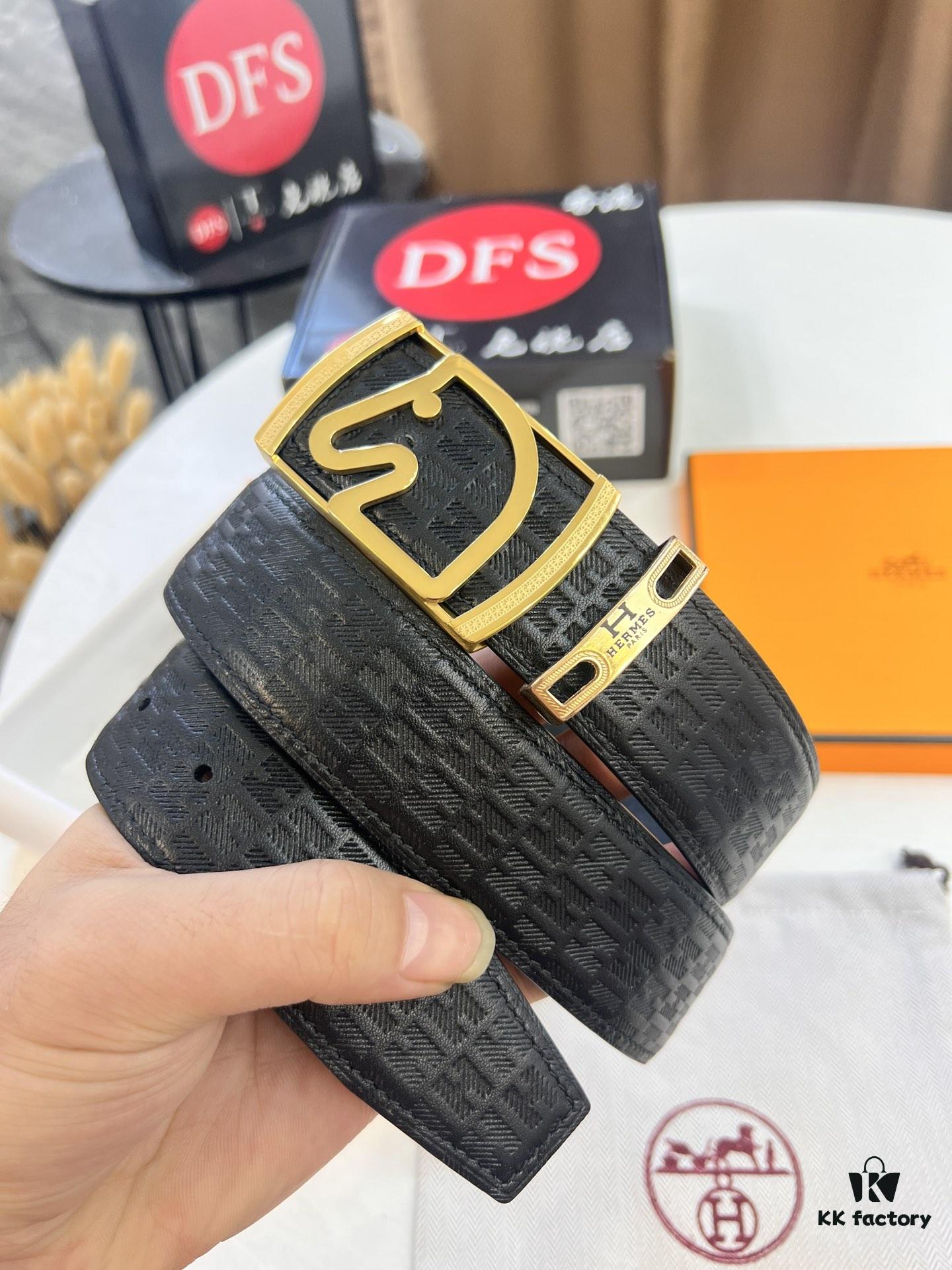 Hermès Men's Belt, Top Grain Calfskin Leather, 3.8cm Width, Steel Hardware with Engraved Logo, Adjustable Length, Original Imported Embossed Horse Drawn Carriage Design, Ideal Gift