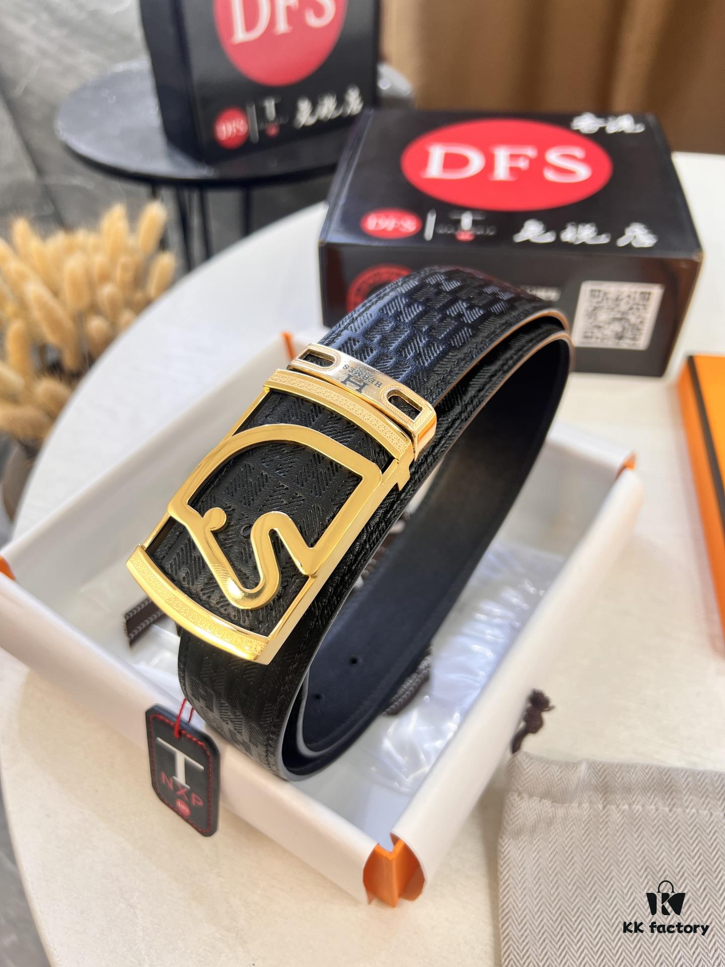 Hermès Men's Belt, Top Grain Calfskin Leather, 3.8cm Width, Steel Hardware with Engraved Logo, Adjustable Length, Original Imported Embossed Horse Drawn Carriage Design, Ideal Gift