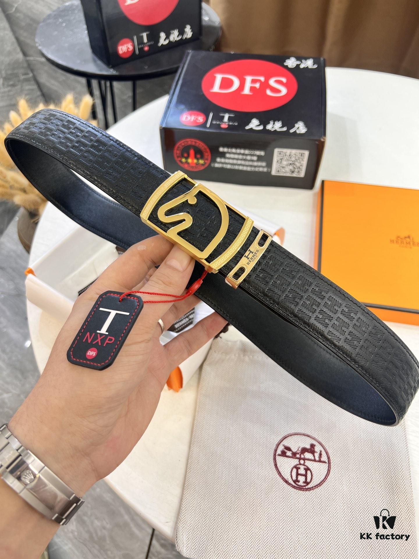 Hermès Men's Belt, Top Grain Calfskin Leather, 3.8cm Width, Steel Hardware with Engraved Logo, Adjustable Length, Original Imported Embossed Horse Drawn Carriage Design, Ideal Gift