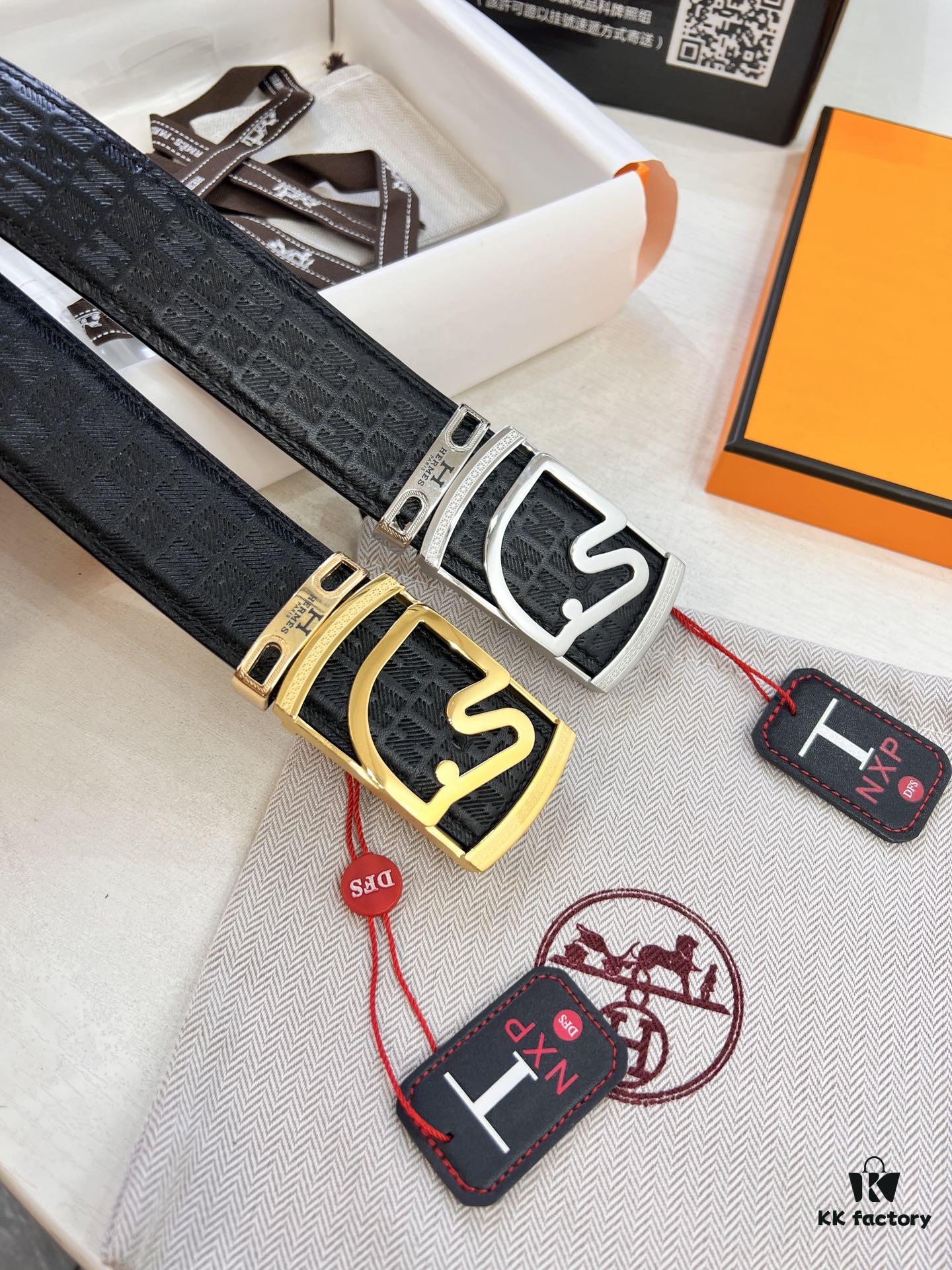 Hermès Men's Belt, Top Grain Calfskin Leather, 3.8cm Width, Steel Hardware with Engraved Logo, Adjustable Length, Original Imported Embossed Horse Drawn Carriage Design, Ideal Gift