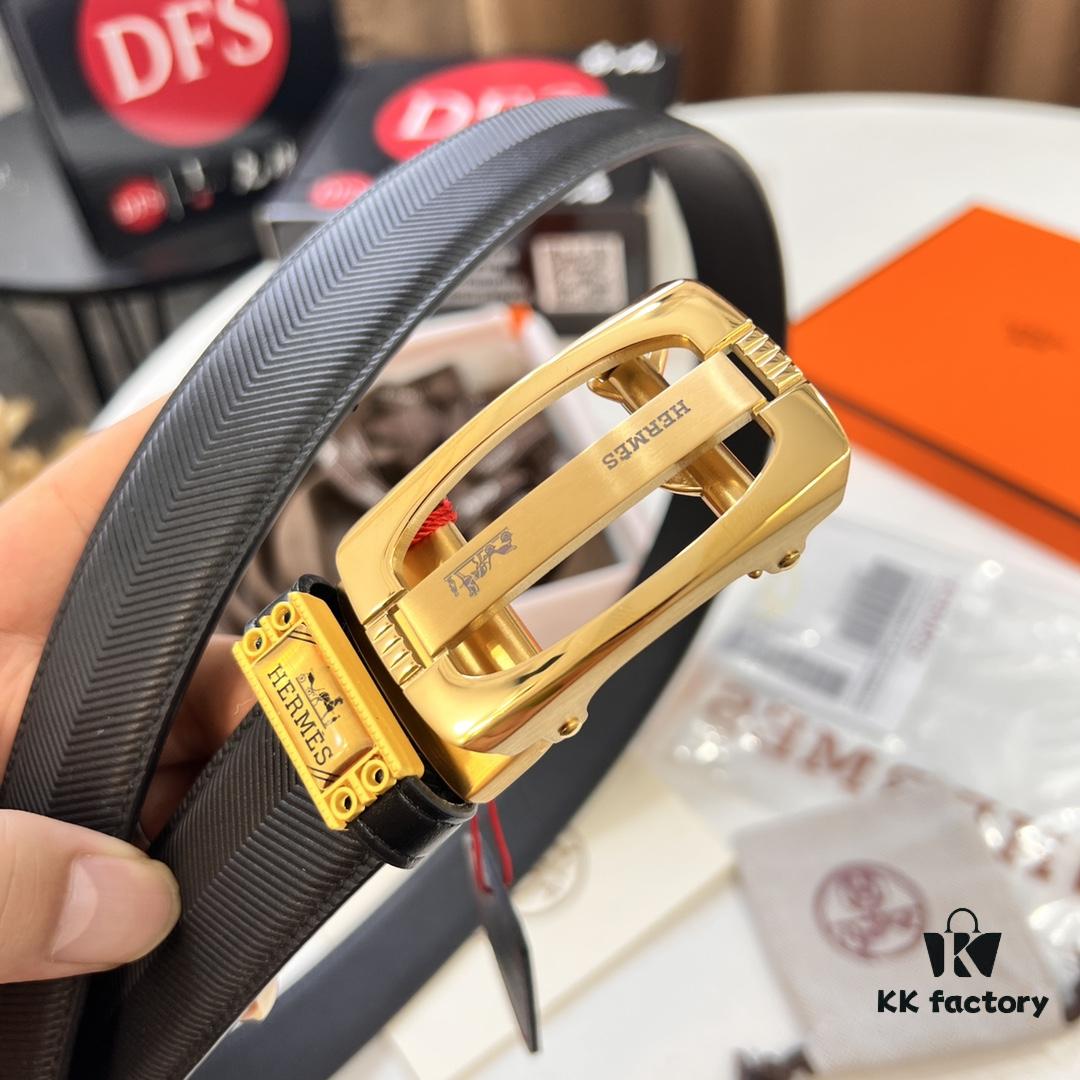 Hermès HH Original Factory Order Men's Leather Belt - Italian Imported Top Grain Calfskin, Automatic Buckle, 3.5cm Width