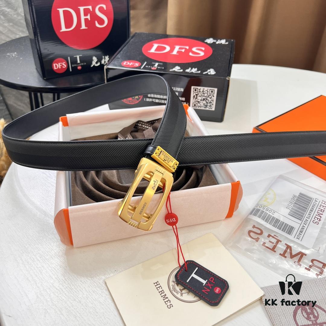 Hermès HH Original Factory Order Men's Leather Belt - Italian Imported Top Grain Calfskin, Automatic Buckle, 3.5cm Width