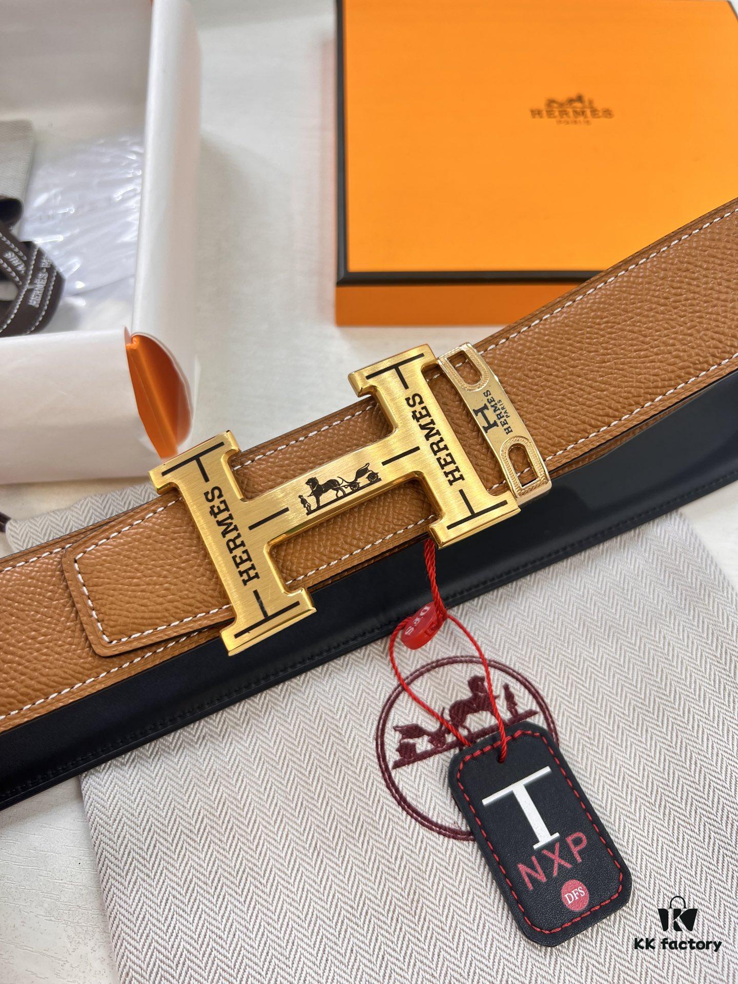 Arrival 🎺 Physical Shooting Hermes H Belt ZP Mold Stainless Steel Hardware with Electroplated Pattern Genuine Leather Double-Sided Use 3.8cm Width