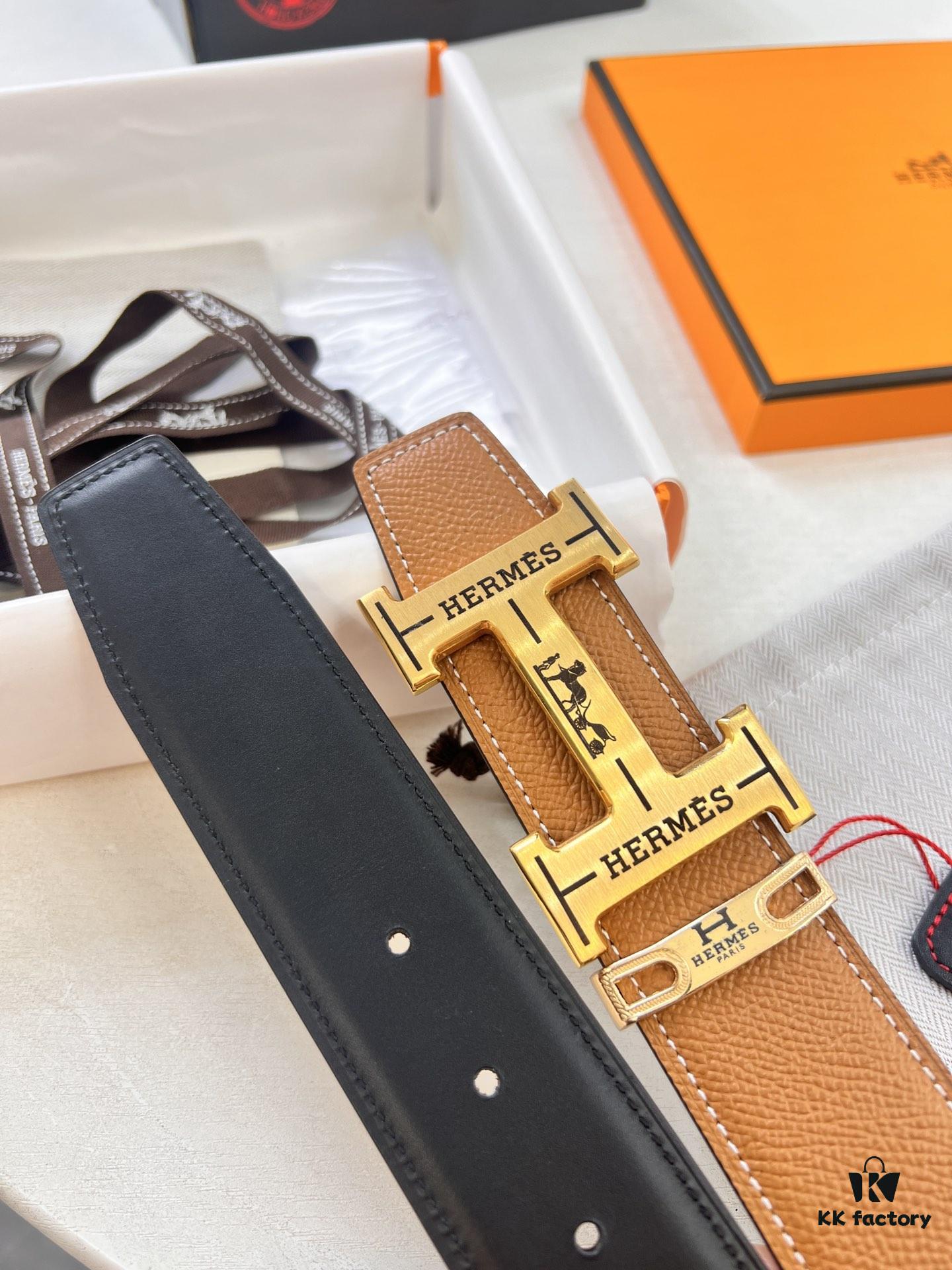 Arrival 🎺 Physical Shooting Hermes H Belt ZP Mold Stainless Steel Hardware with Electroplated Pattern Genuine Leather Double-Sided Use 3.8cm Width