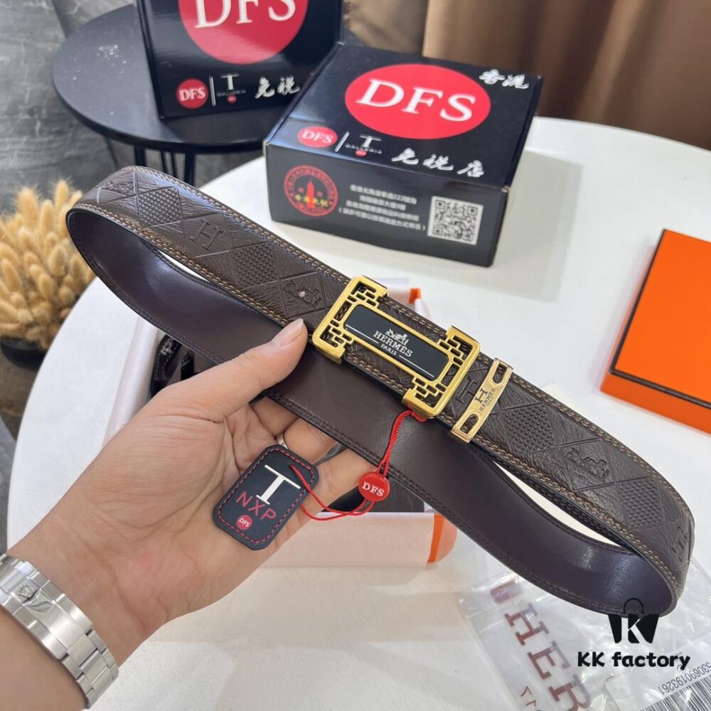 Hermès Men's Belt, Top Grain Cowhide with Engraved Metal Hardware, 3.8cm Width, Adjustable Length, Original Imported Embossed Horse-Drawn Carriage Design