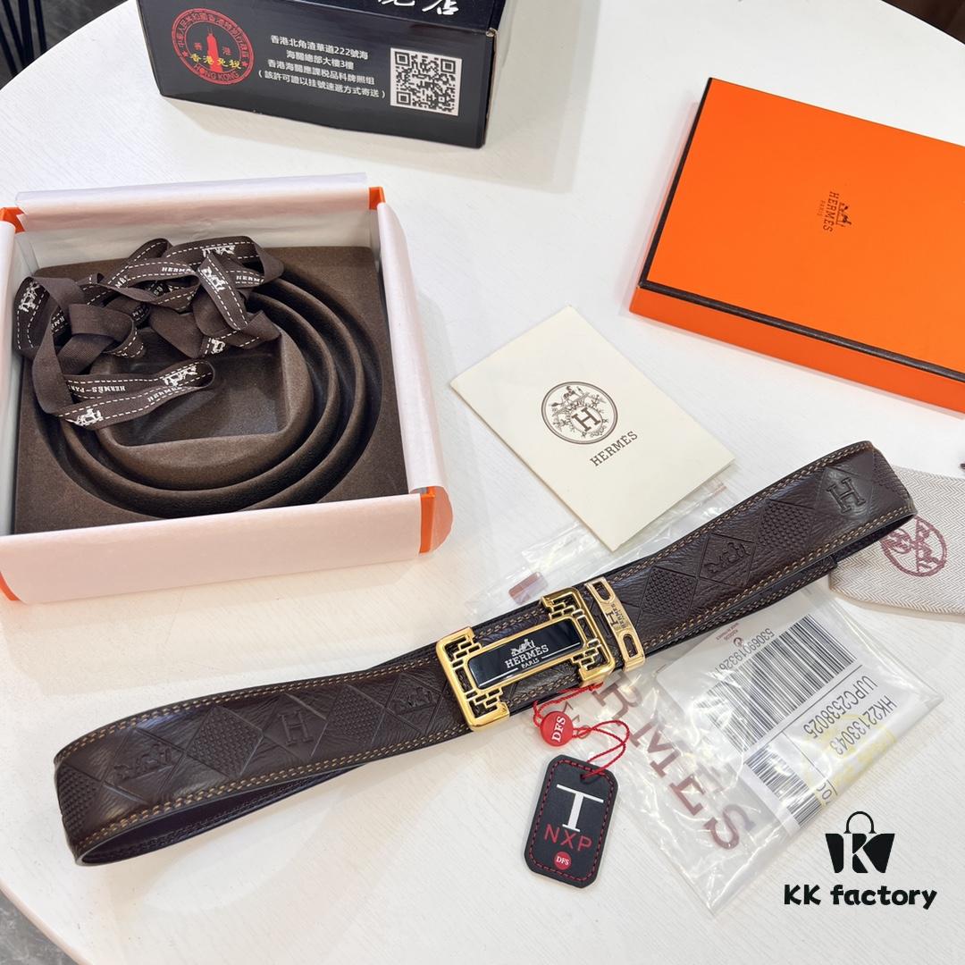 Hermès Men's Belt, Top Grain Cowhide with Engraved Metal Hardware, 3.8cm Width, Adjustable Length, Original Imported Embossed Horse-Drawn Carriage Design