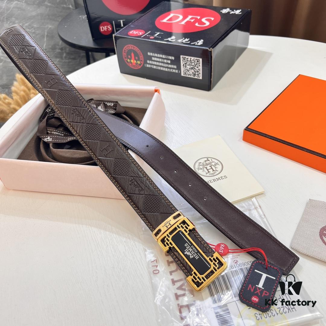 Hermès Men's Belt, Top Grain Cowhide with Engraved Metal Hardware, 3.8cm Width, Adjustable Length, Original Imported Embossed Horse-Drawn Carriage Design