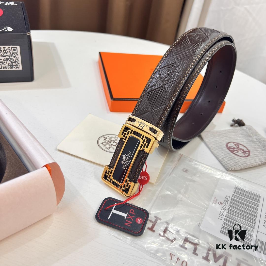 Hermès Men's Belt, Top Grain Cowhide with Engraved Metal Hardware, 3.8cm Width, Adjustable Length, Original Imported Embossed Horse-Drawn Carriage Design