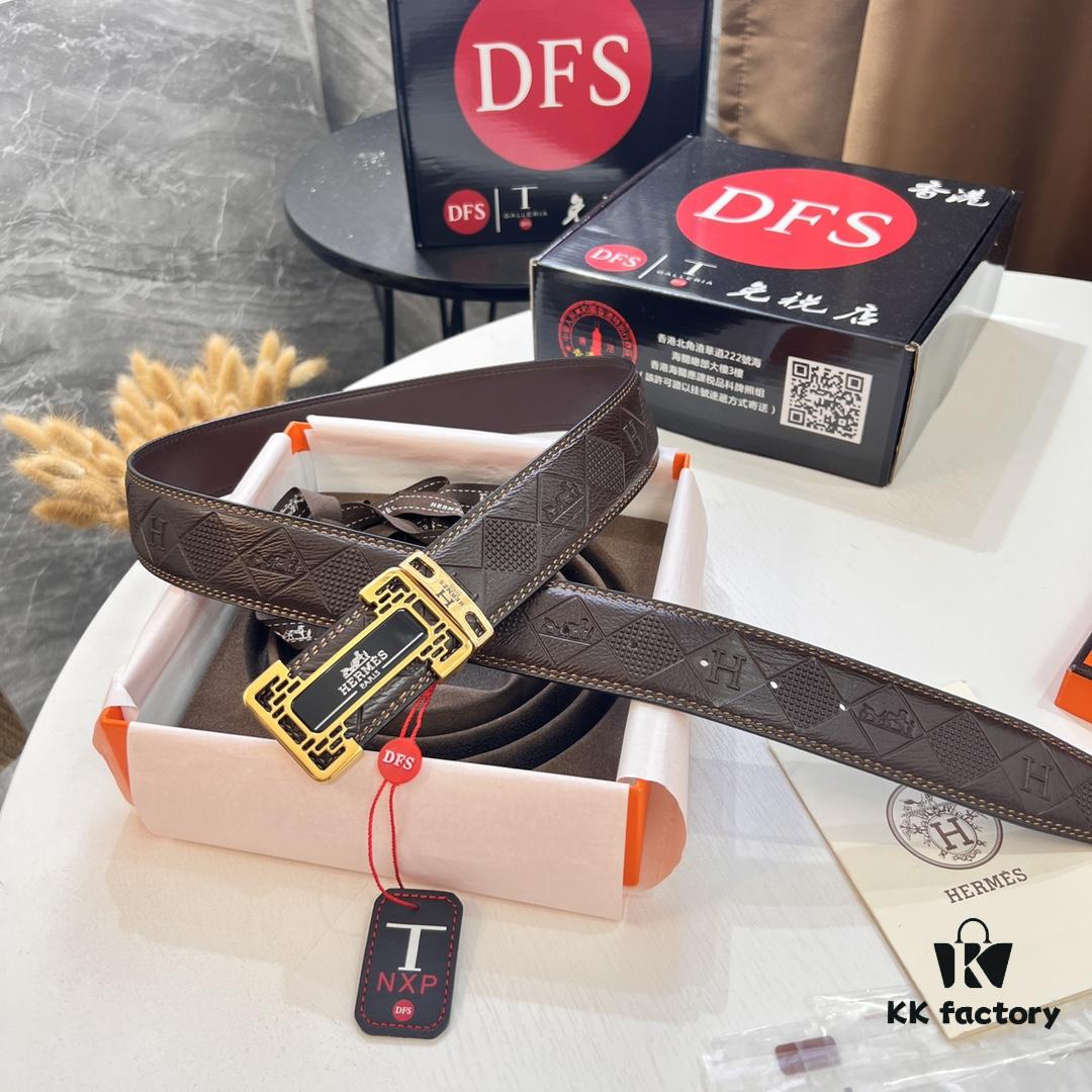 Hermès Men's Belt, Top Grain Cowhide with Engraved Metal Hardware, 3.8cm Width, Adjustable Length, Original Imported Embossed Horse-Drawn Carriage Design