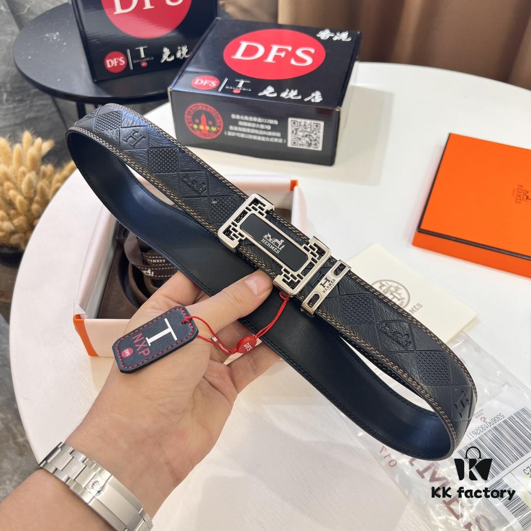 Hermès Men's Belt, Top Grain Cowhide with Engraved Horse Carriage Design, Slim 3.8cm Width, Stainless Steel Hardware, Custom Length Adjustable