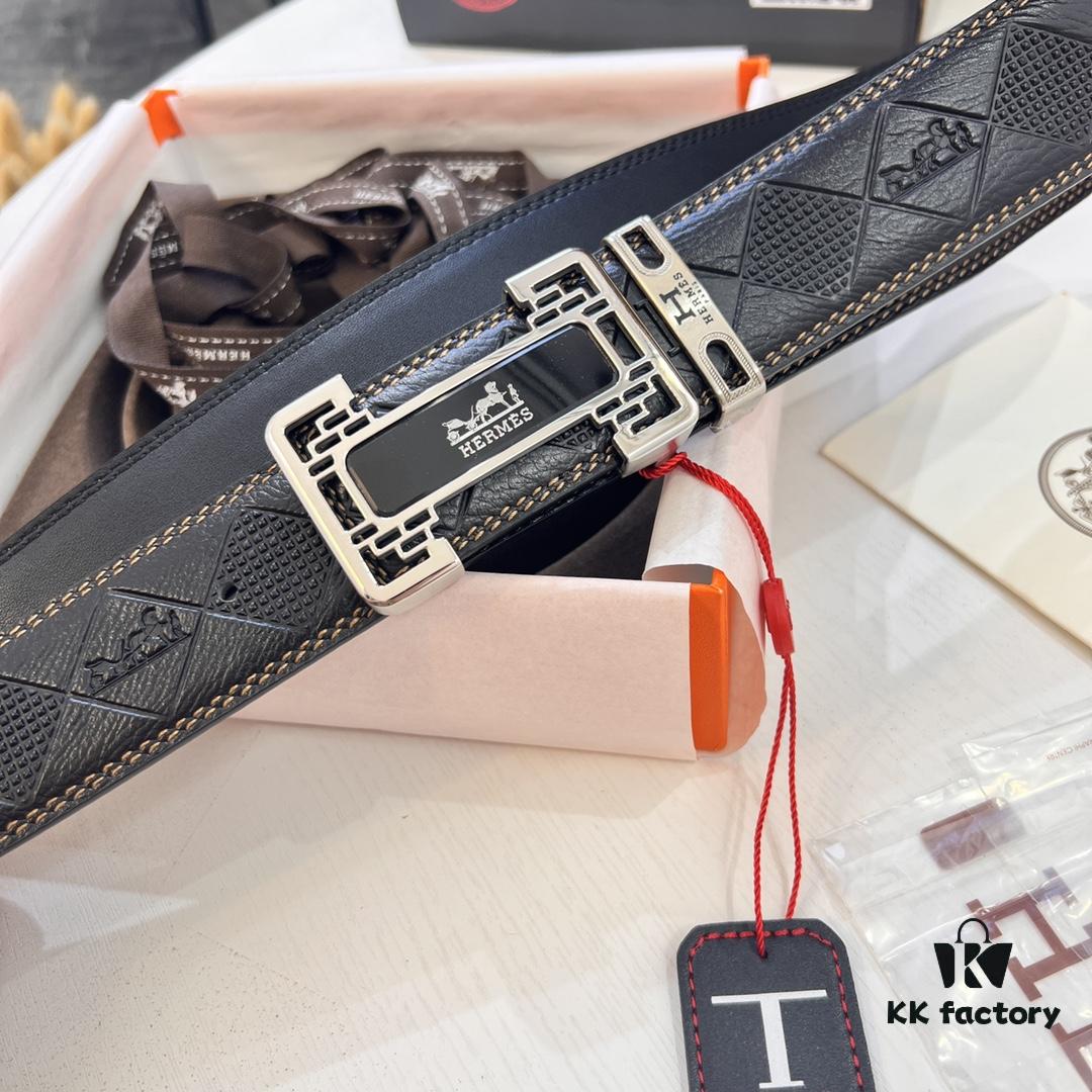 Hermès Men's Belt, Top Grain Cowhide with Engraved Horse Carriage Design, Slim 3.8cm Width, Stainless Steel Hardware, Custom Length Adjustable