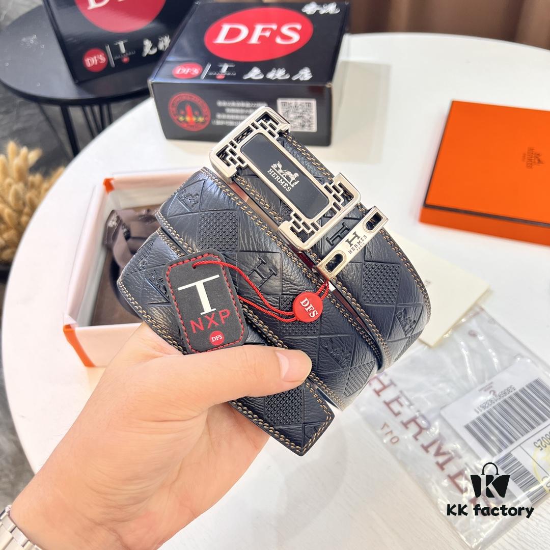 Hermès Men's Belt, Top Grain Cowhide with Engraved Horse Carriage Design, Slim 3.8cm Width, Stainless Steel Hardware, Custom Length Adjustable