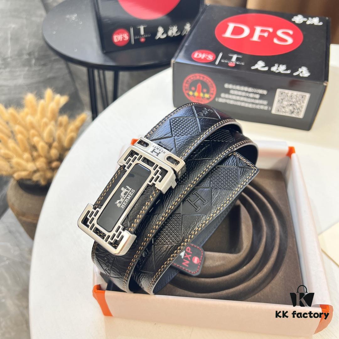 Hermès Men's Belt, Top Grain Cowhide with Engraved Horse Carriage Design, Slim 3.8cm Width, Stainless Steel Hardware, Custom Length Adjustable