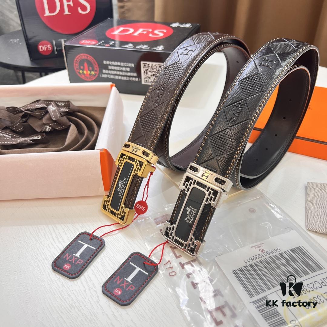 Hermès Men's Belt, Top Grain Cowhide with Engraved Horse Carriage Design, Slim 3.8cm Width, Stainless Steel Hardware, Custom Length Adjustable