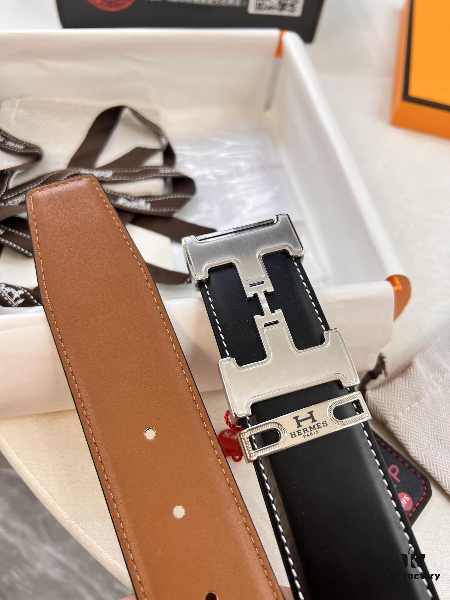 Hermès Men's Belt, Top Grain Calfskin, 3.8cm Width, Steel Hardware, Gift-Ready