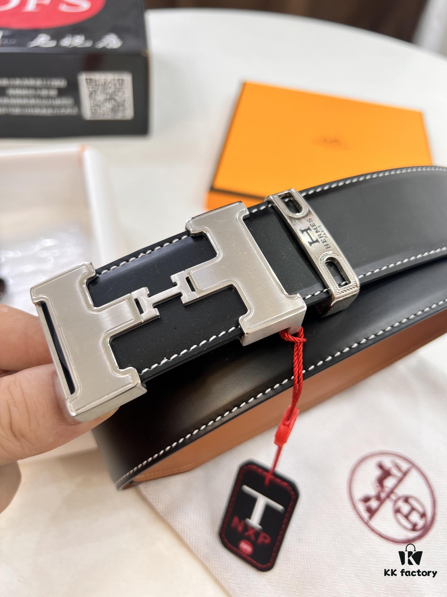 Hermès Men's Belt, Top Grain Calfskin, 3.8cm Width, Steel Hardware, Gift-Ready