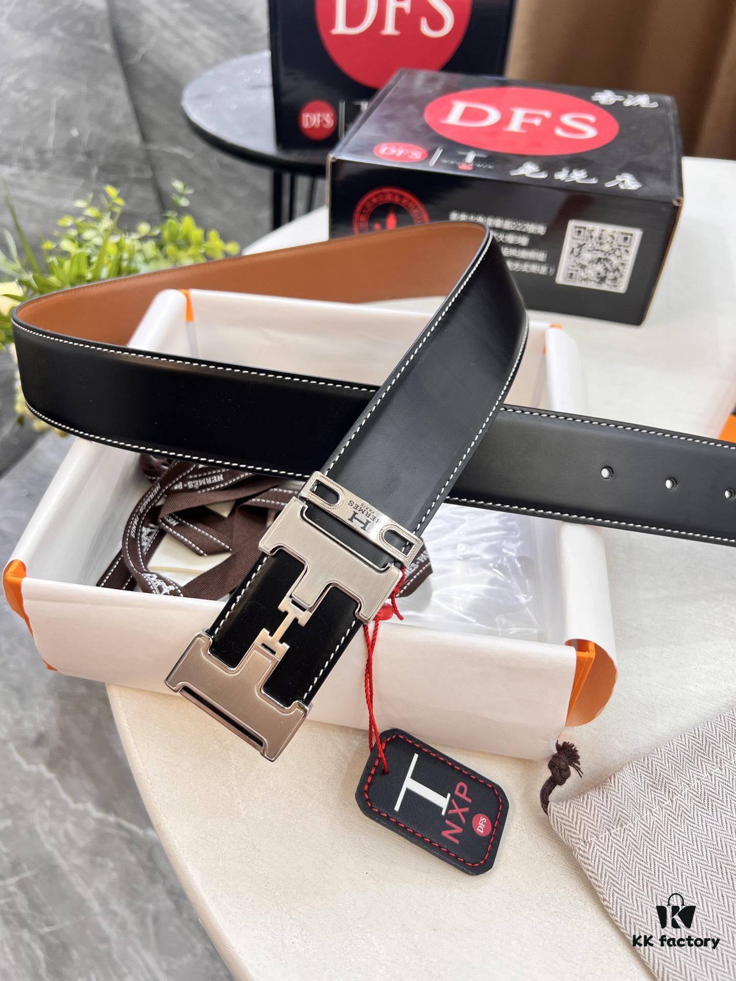 Hermès Men's Belt, Top Grain Calfskin, 3.8cm Width, Steel Hardware, Gift-Ready