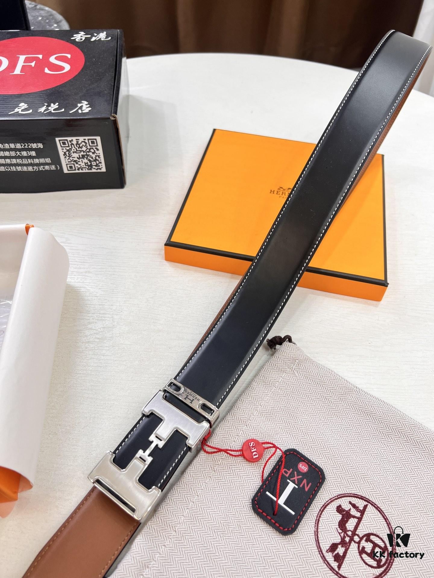 Hermès Men's Belt, Top Grain Calfskin, 3.8cm Width, Steel Hardware, Gift-Ready