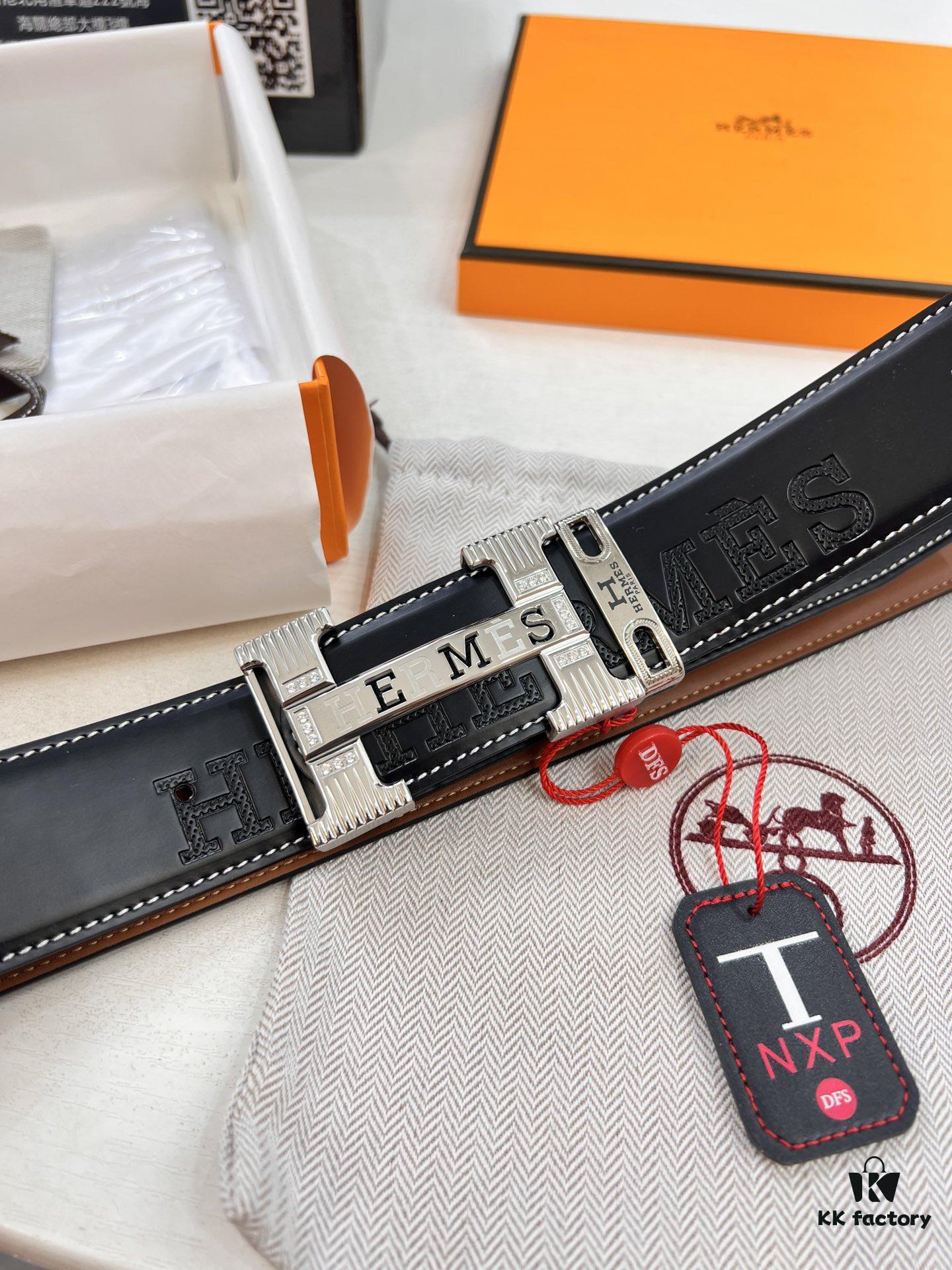Hermès H Belt, New Arrival, Stainless Steel H Buckle with Paved Stones, ZP Synchronized Engraved Logo, Genuine Imported H Horse Carriage Top Layer Cattle Leather, Original Cowhide Backing, 3.8cm Width, Official Website Version, Top Quality