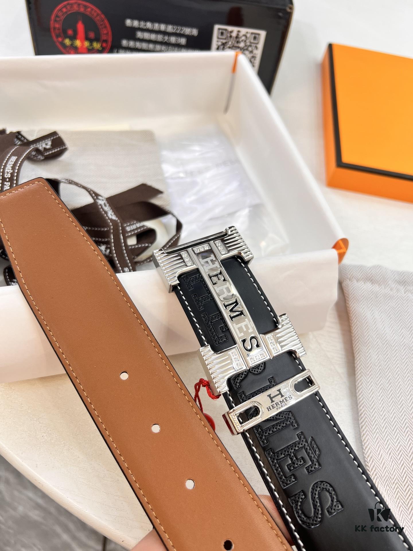 Hermès H Belt, New Arrival, Stainless Steel H Buckle with Paved Stones, ZP Synchronized Engraved Logo, Genuine Imported H Horse Carriage Top Layer Cattle Leather, Original Cowhide Backing, 3.8cm Width, Official Website Version, Top Quality