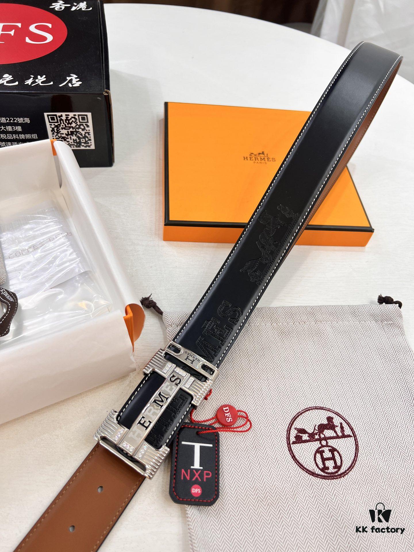 Hermès H Belt, New Arrival, Stainless Steel H Buckle with Paved Stones, ZP Synchronized Engraved Logo, Genuine Imported H Horse Carriage Top Layer Cattle Leather, Original Cowhide Backing, 3.8cm Width, Official Website Version, Top Quality