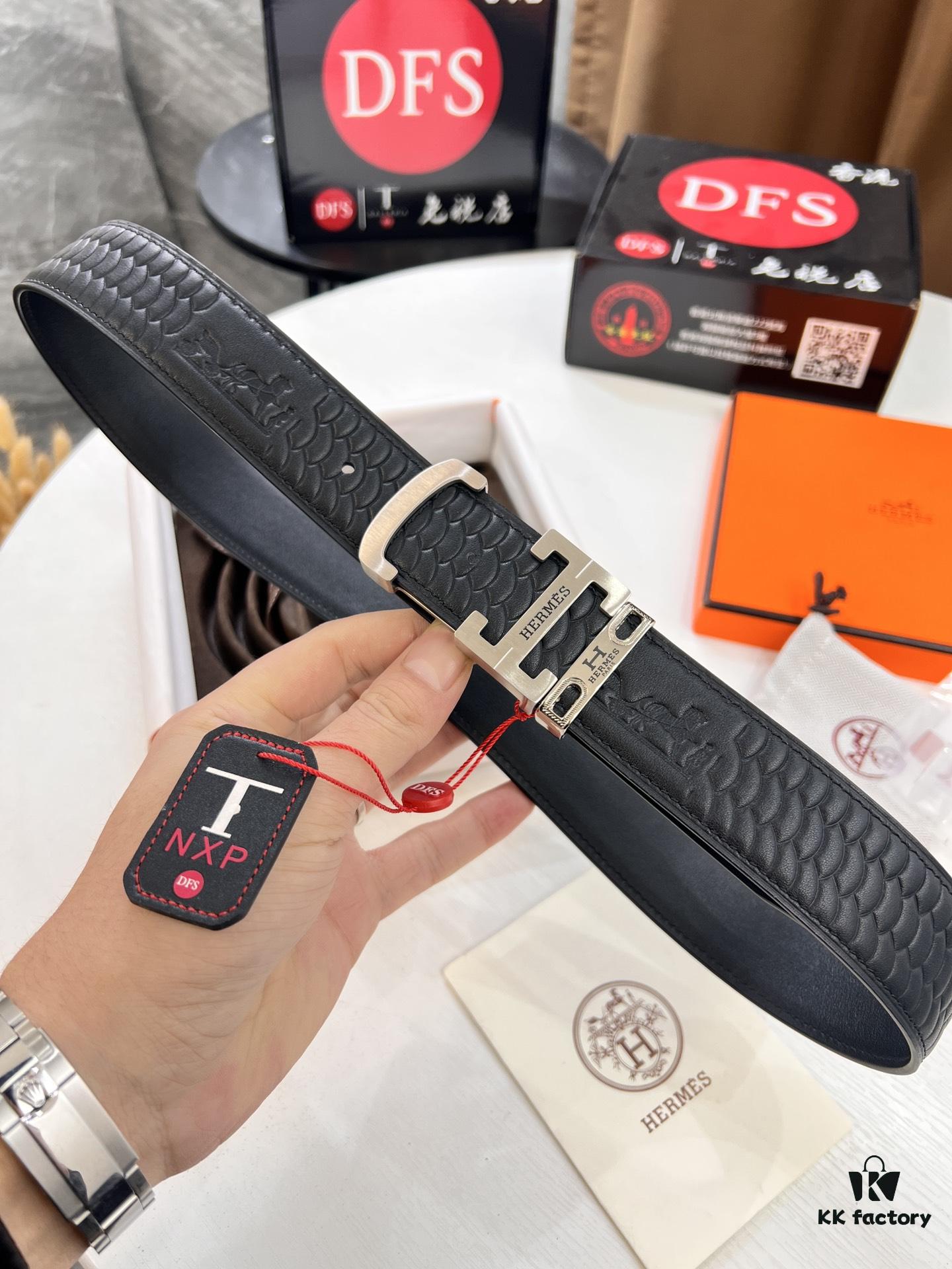 Hermès (Men's) Belt, Top-Grade First-Layer Calfskin with Engraved Horse Carriage Logo, Slim Design 3.8cm Width, Stainless Steel Hardware, Customizable Length