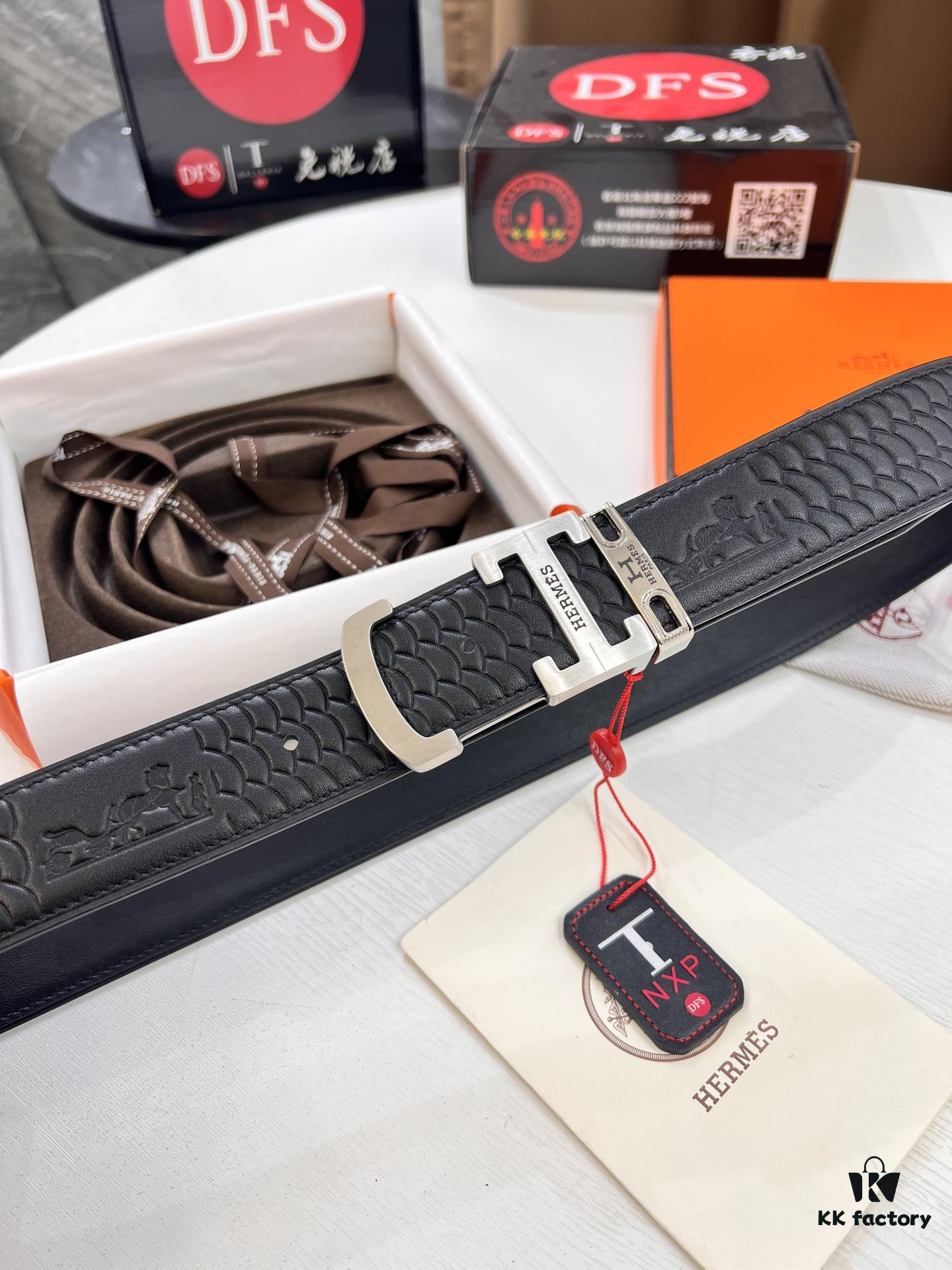 Hermès (Men's) Belt, Top-Grade First-Layer Calfskin with Engraved Horse Carriage Logo, Slim Design 3.8cm Width, Stainless Steel Hardware, Customizable Length