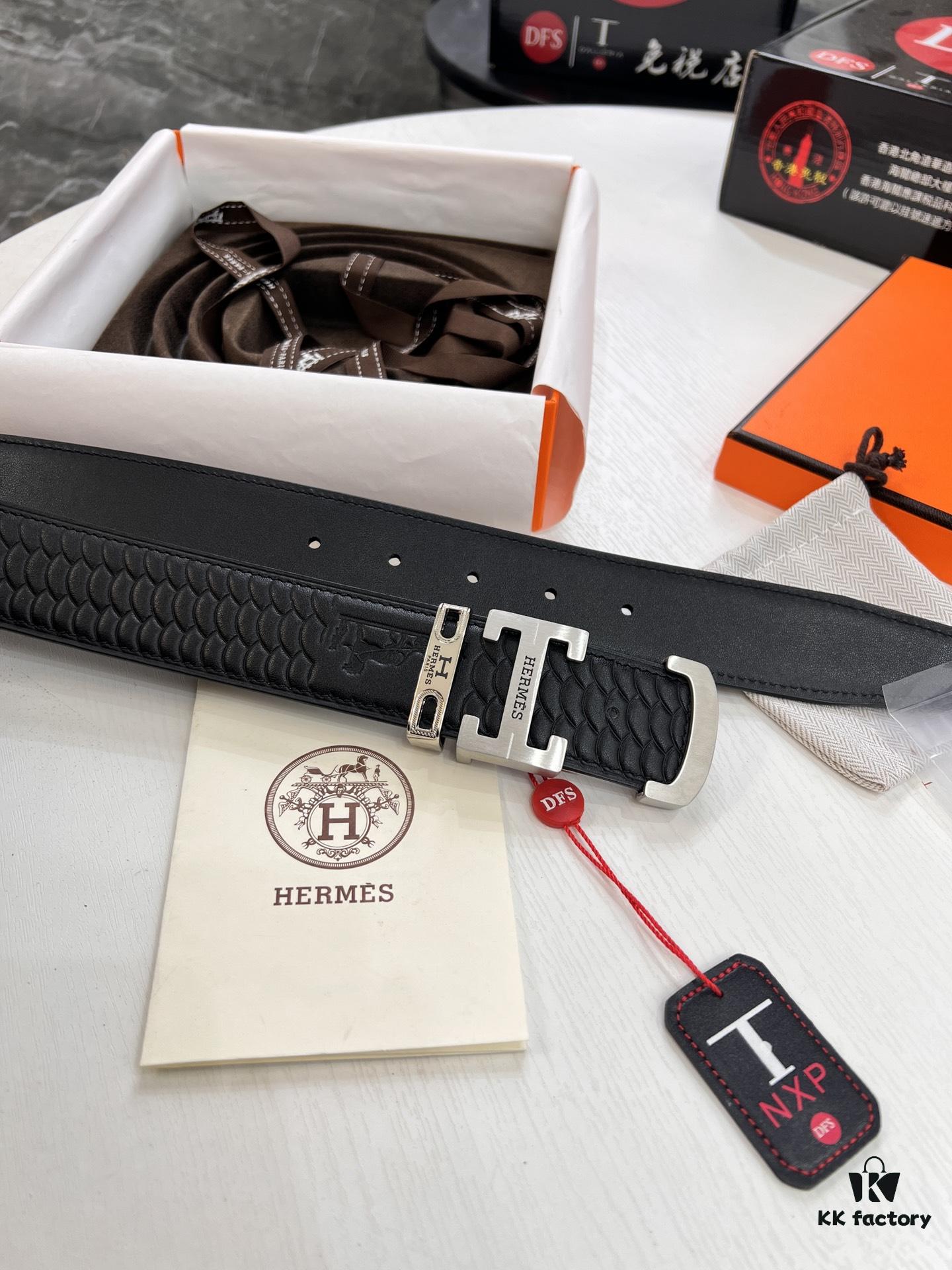 Hermès (Men's) Belt, Top-Grade First-Layer Calfskin with Engraved Horse Carriage Logo, Slim Design 3.8cm Width, Stainless Steel Hardware, Customizable Length