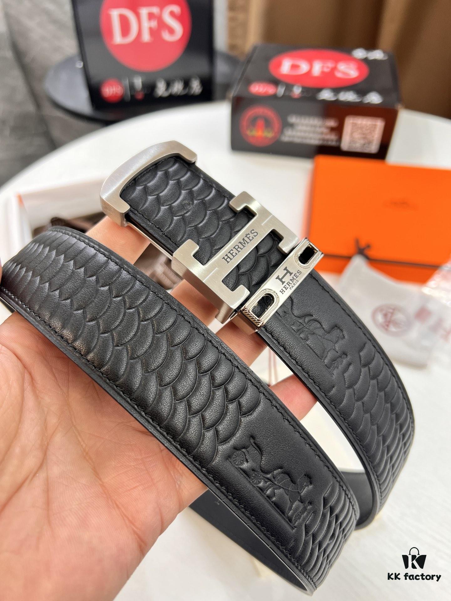 Hermès (Men's) Belt, Top-Grade First-Layer Calfskin with Engraved Horse Carriage Logo, Slim Design 3.8cm Width, Stainless Steel Hardware, Customizable Length