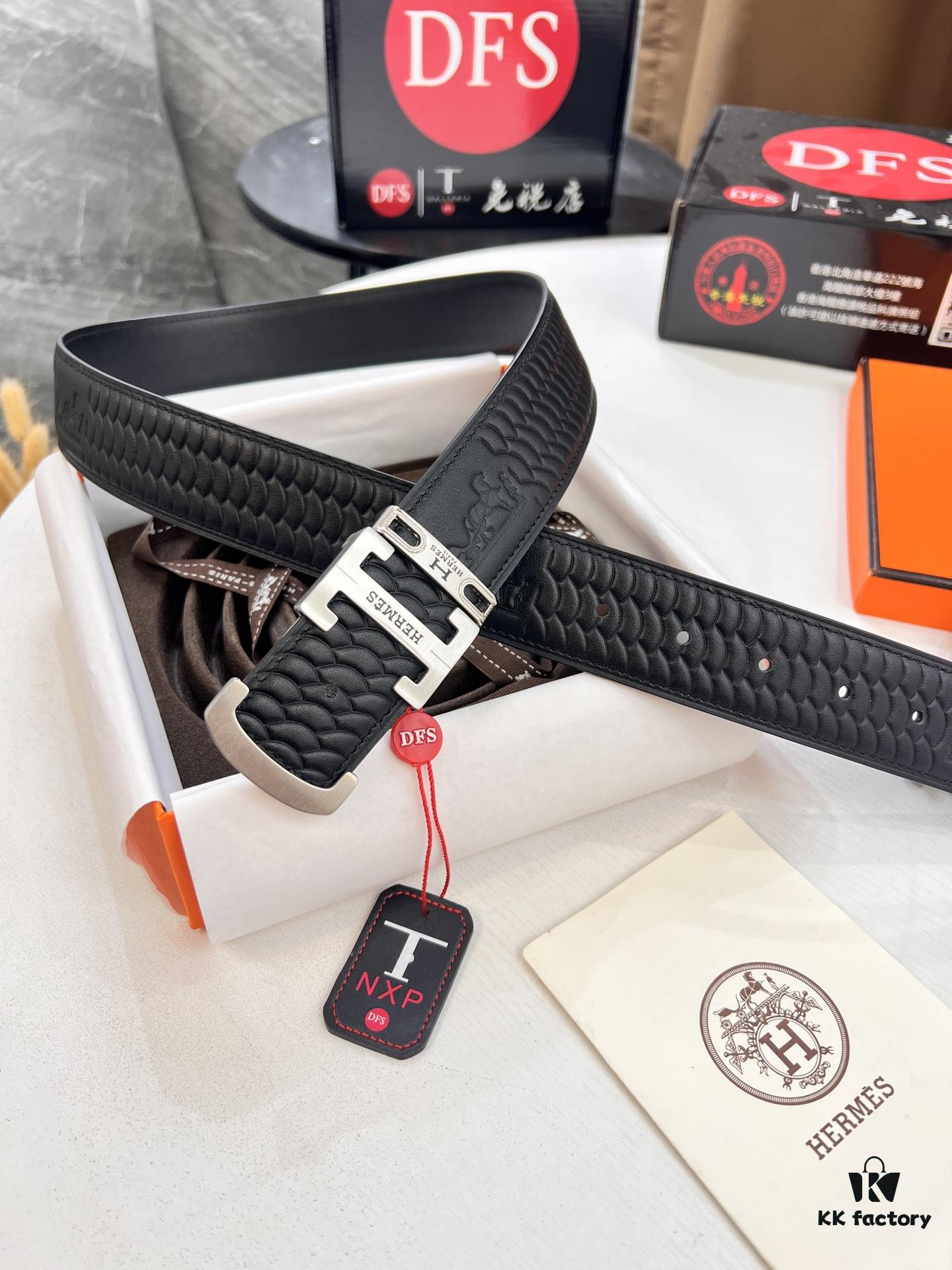 Hermès (Men's) Belt, Top-Grade First-Layer Calfskin with Engraved Horse Carriage Logo, Slim Design 3.8cm Width, Stainless Steel Hardware, Customizable Length