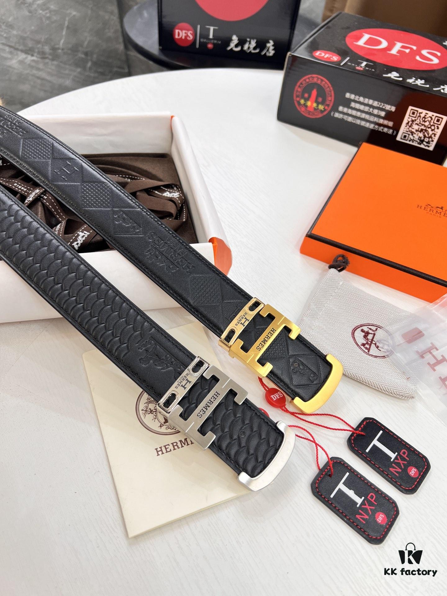 Hermès (Men's) Belt, Top-Grade First-Layer Calfskin with Engraved Horse Carriage Logo, Slim Design 3.8cm Width, Stainless Steel Hardware, Customizable Length