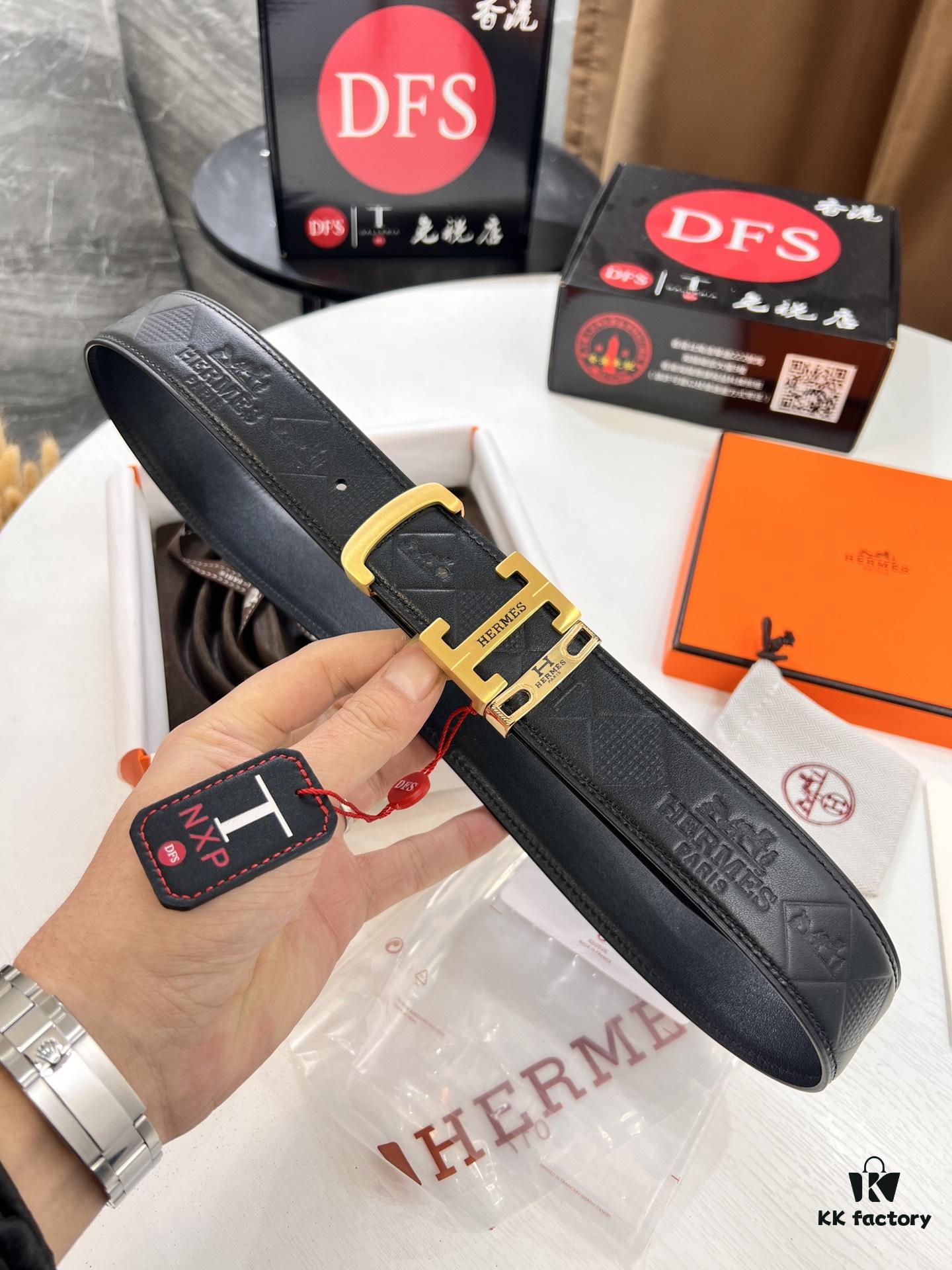 Hermès Men's Belt, Top Grain Calfskin with Engraved Metal Buckle, 3.8cm Width, Adjustable Length, Original Imported Embossed Horse Head Design, Ideal Gift