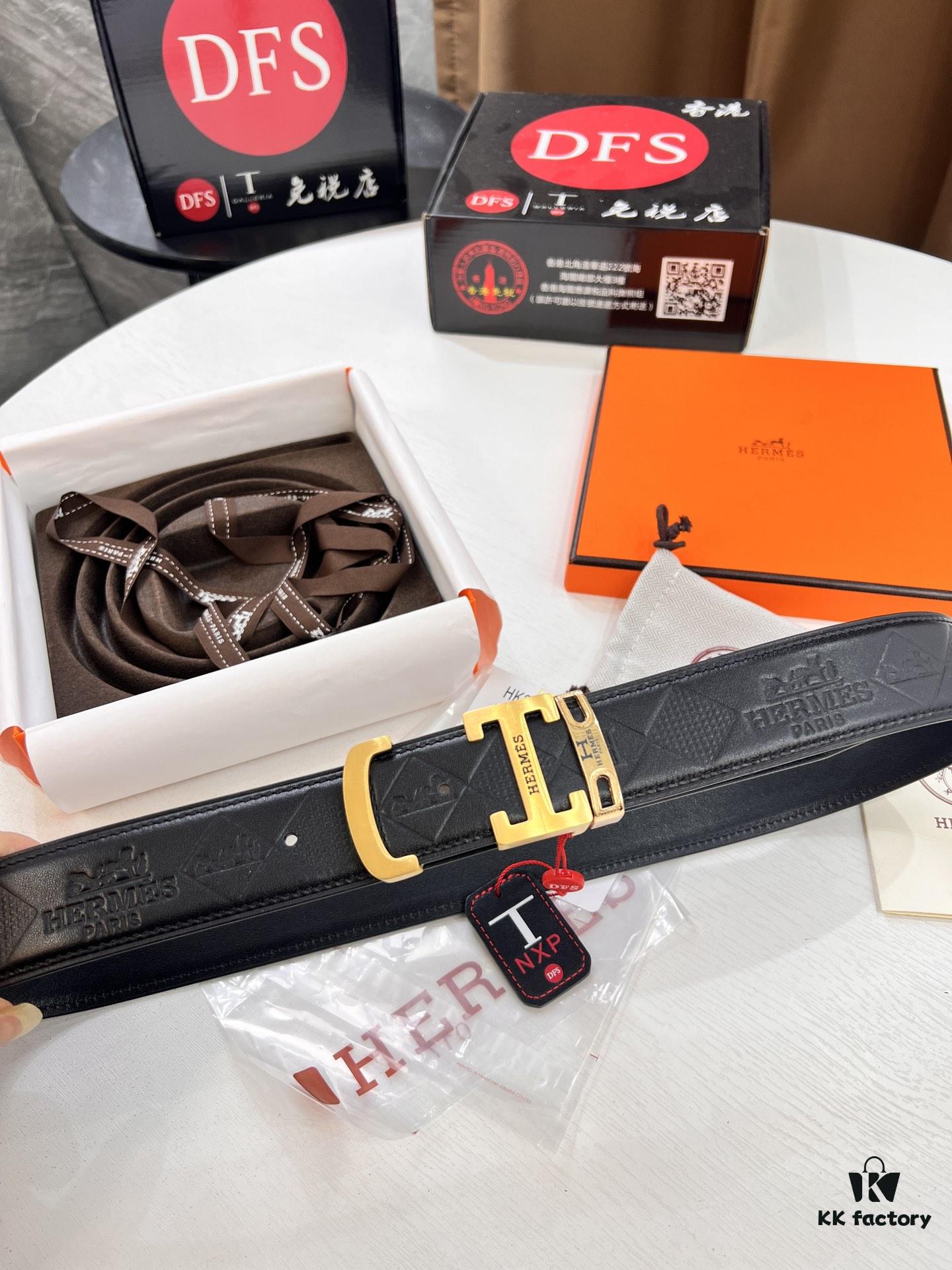 Hermès Men's Belt, Top Grain Calfskin with Engraved Metal Buckle, 3.8cm Width, Adjustable Length, Original Imported Embossed Horse Head Design, Ideal Gift