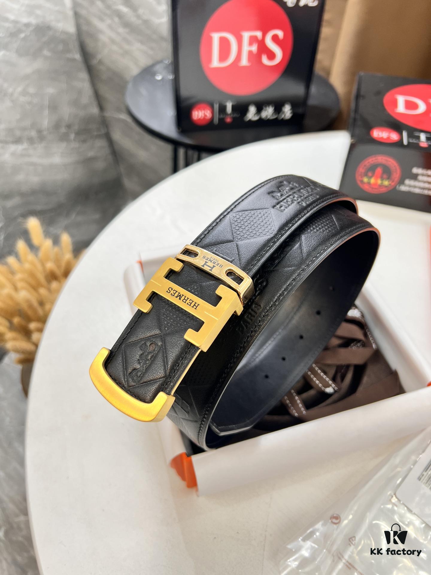 Hermès Men's Belt, Top Grain Calfskin with Engraved Metal Buckle, 3.8cm Width, Adjustable Length, Original Imported Embossed Horse Head Design, Ideal Gift