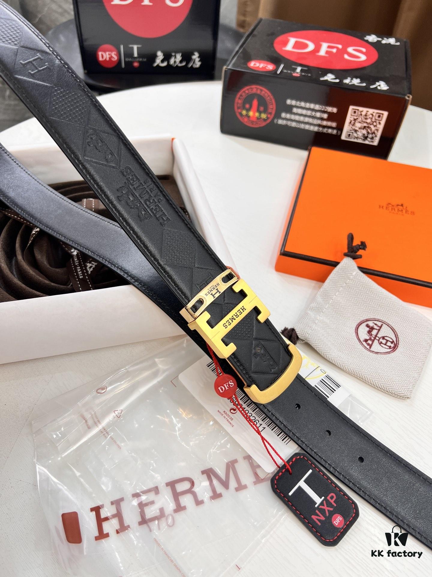 Hermès Men's Belt, Top Grain Calfskin with Engraved Metal Buckle, 3.8cm Width, Adjustable Length, Original Imported Embossed Horse Head Design, Ideal Gift