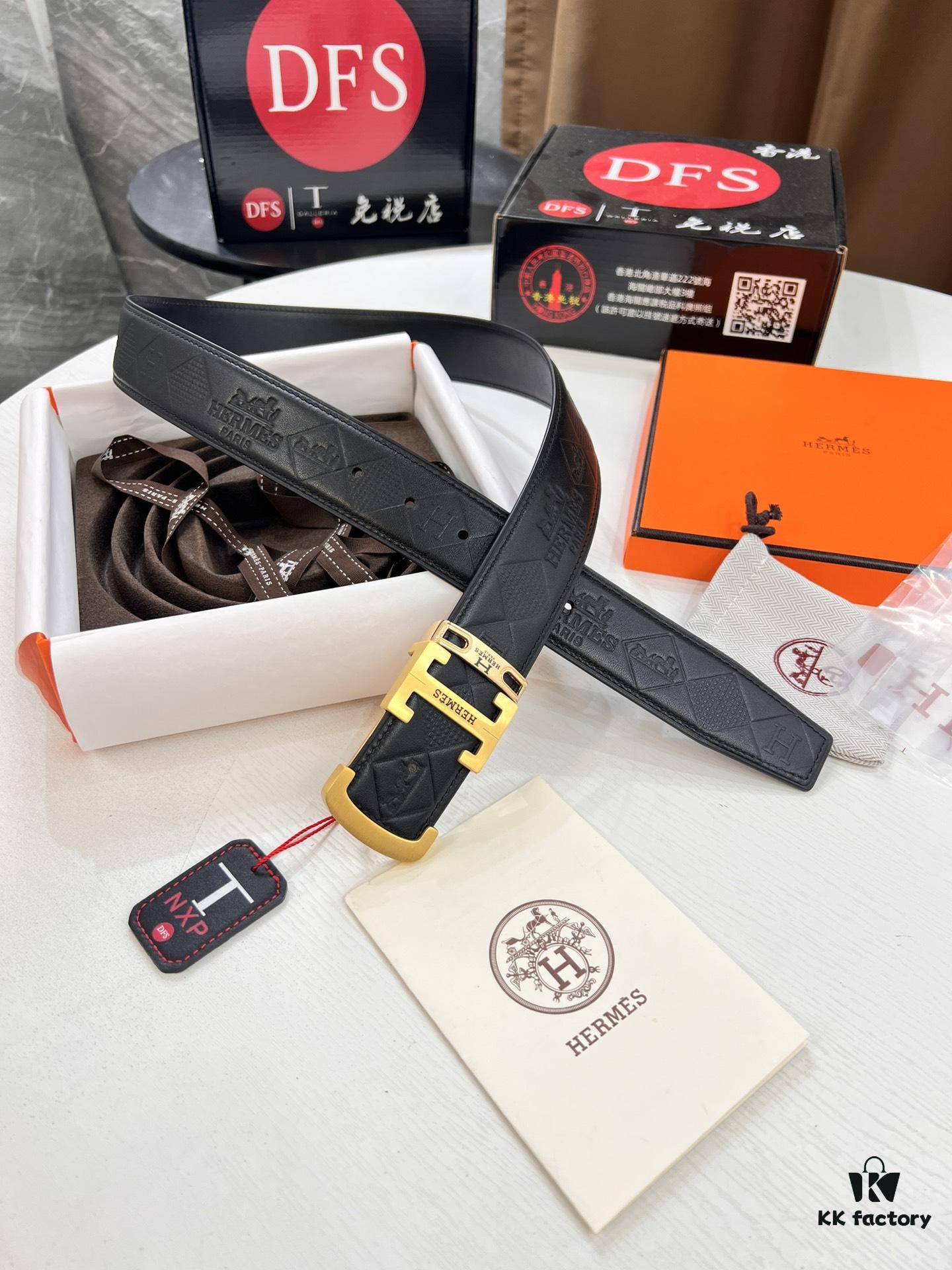 Hermès Men's Belt, Top Grain Calfskin with Engraved Metal Buckle, 3.8cm Width, Adjustable Length, Original Imported Embossed Horse Head Design, Ideal Gift