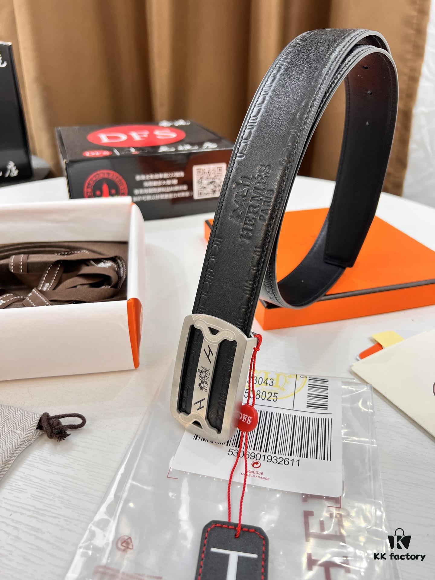 Hermès Men's Belt, Top Grain Cowhide with Engraved H Logo, 3.8cm Width, Adjustable Length, Stainless Steel Hardware, Original Imported Embossed Horse-Drawn Carriage Full-Grain Leather