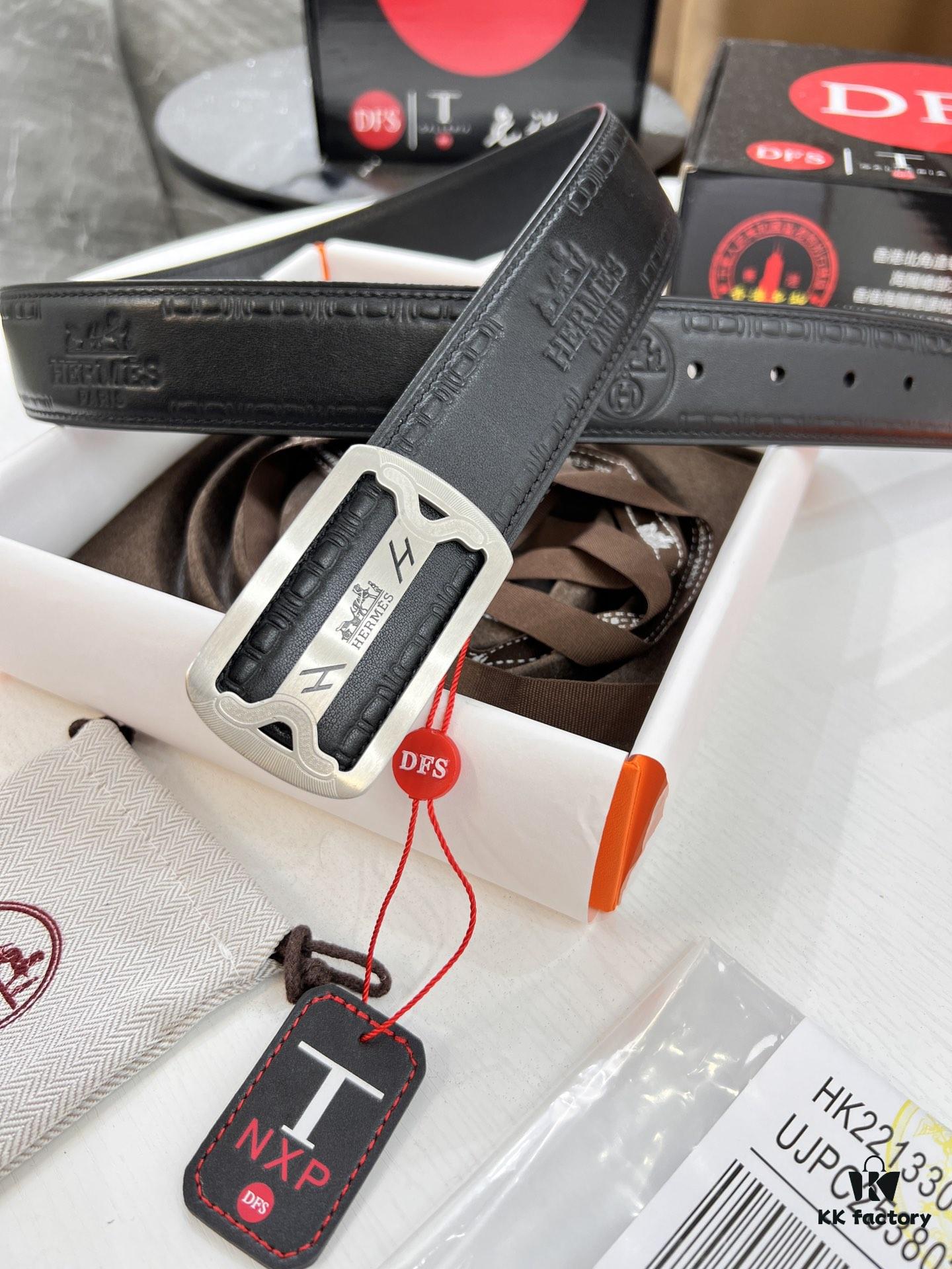 Hermès Men's Belt, Top Grain Cowhide with Engraved H Logo, 3.8cm Width, Adjustable Length, Stainless Steel Hardware, Original Imported Embossed Horse-Drawn Carriage Full-Grain Leather