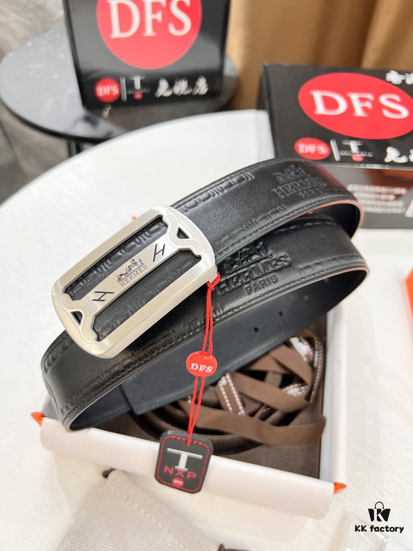 Hermès Men's Belt, Top Grain Cowhide with Engraved H Logo, 3.8cm Width, Adjustable Length, Stainless Steel Hardware, Original Imported Embossed Horse-Drawn Carriage Full-Grain Leather