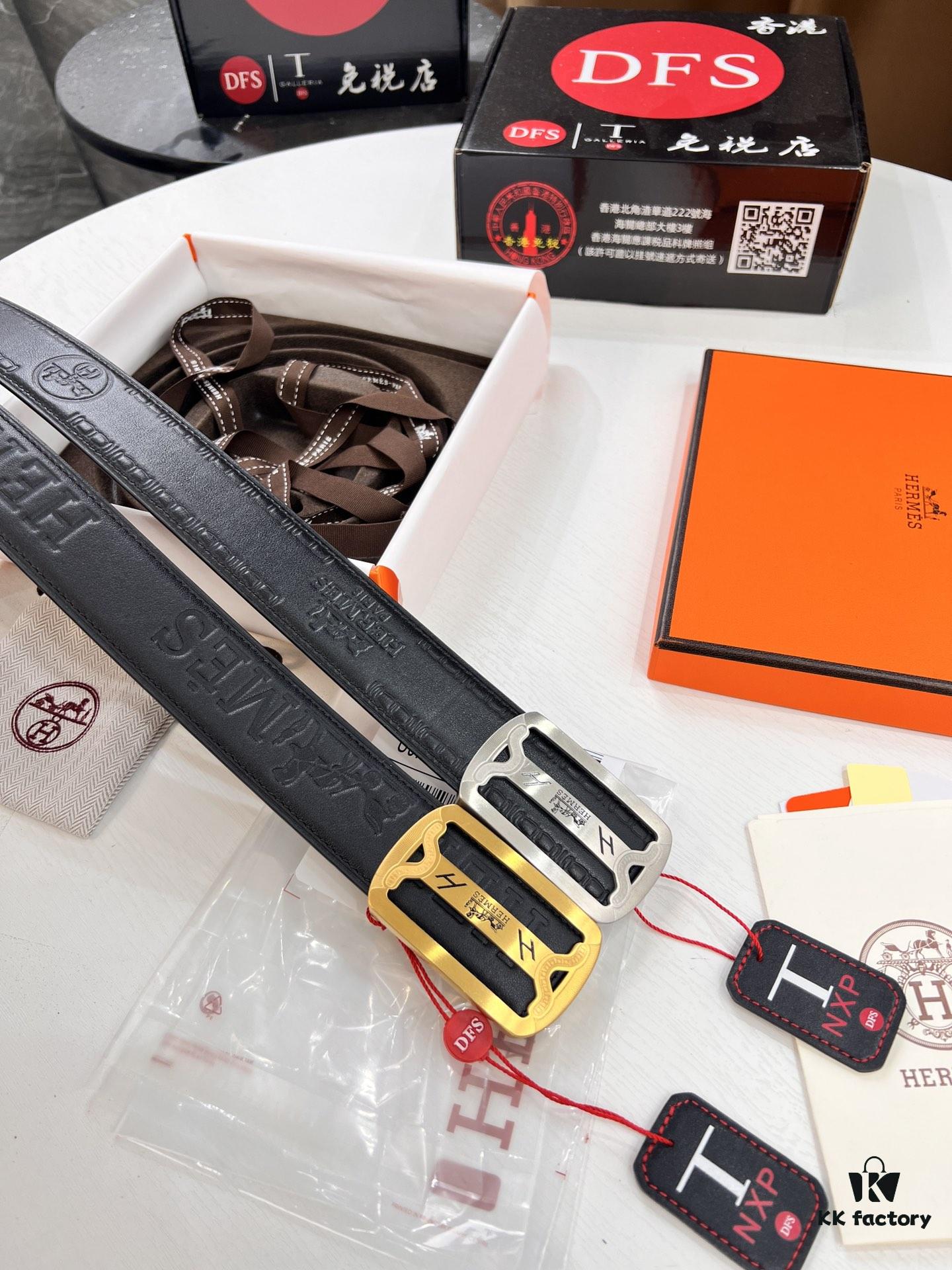 Hermès Men's Belt, Top Grain Cowhide with Engraved H Logo, 3.8cm Width, Adjustable Length, Stainless Steel Hardware, Original Imported Embossed Horse-Drawn Carriage Full-Grain Leather